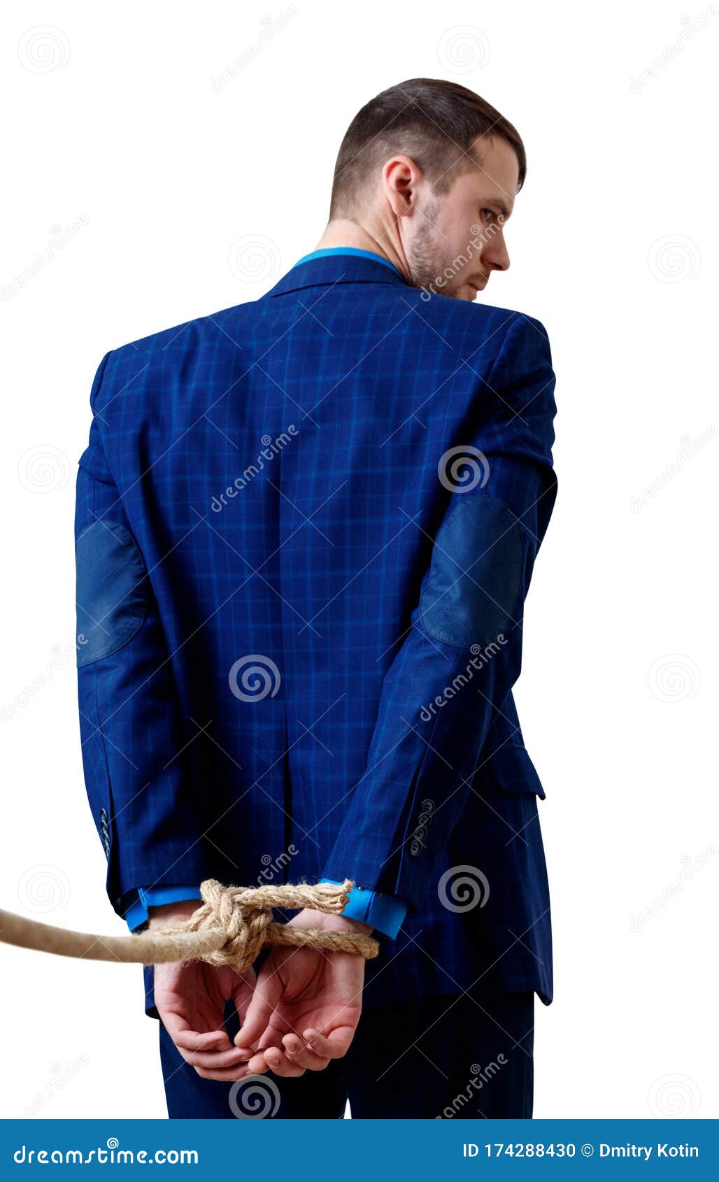 Back View on Tied Hands by the Rope of Businessman in Blue Suit. Stock  Photo - Image of prisoner, accountant: 174288430
