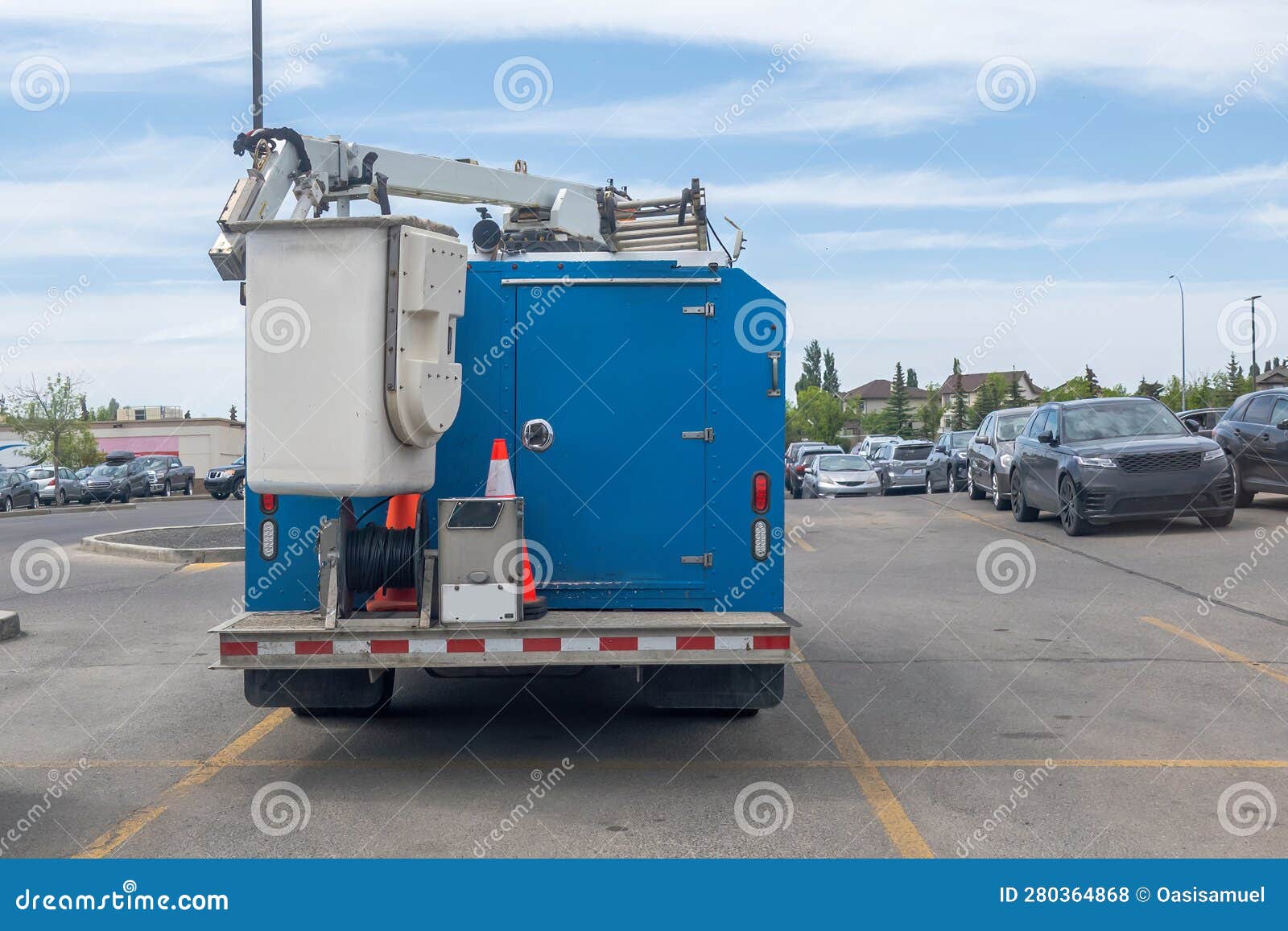 A Back View To a Blue Service Truck with a Crane Stock Photo Image of