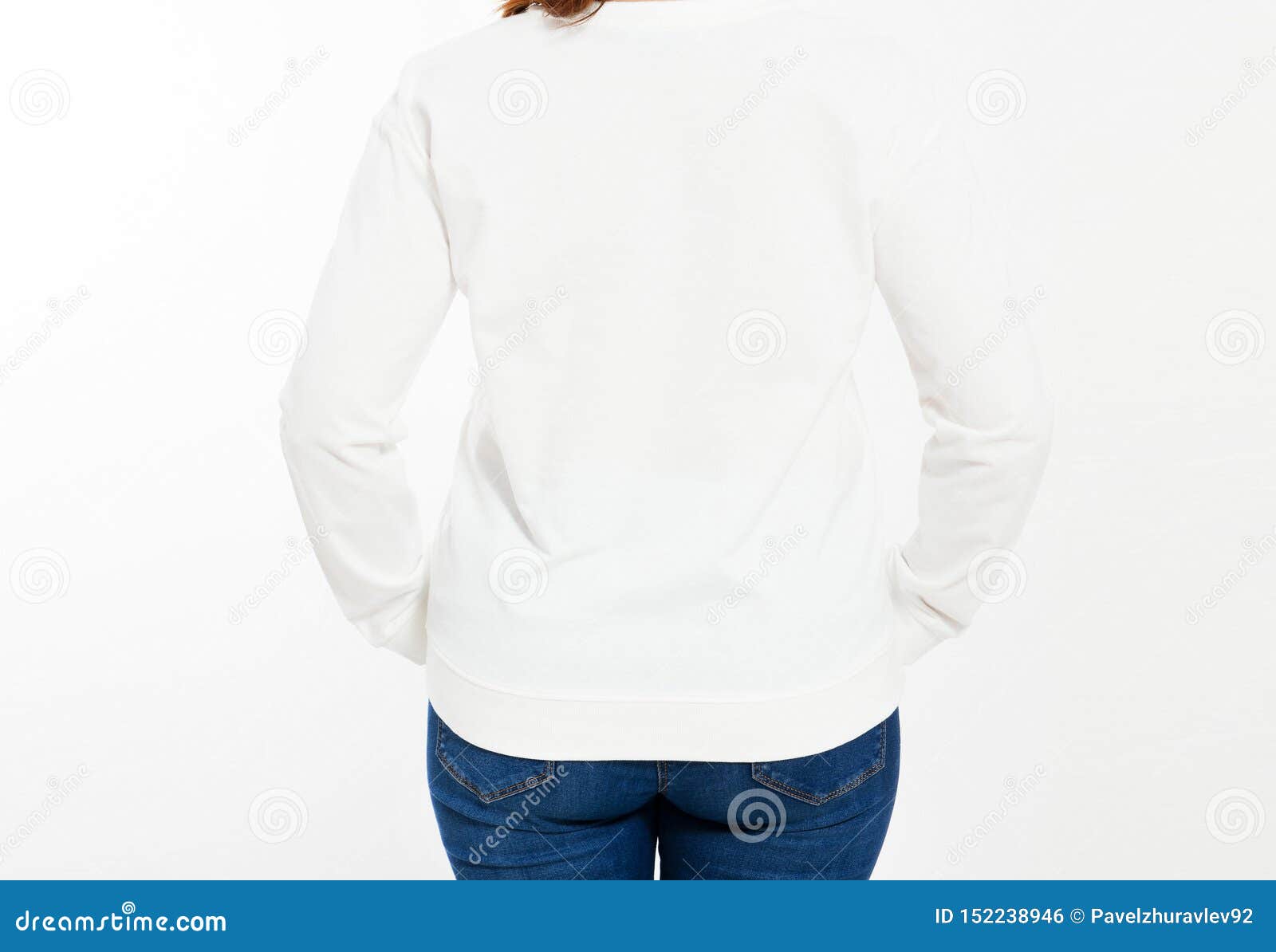 Download Back View White Pullover On A Young Woman In Shorts ...