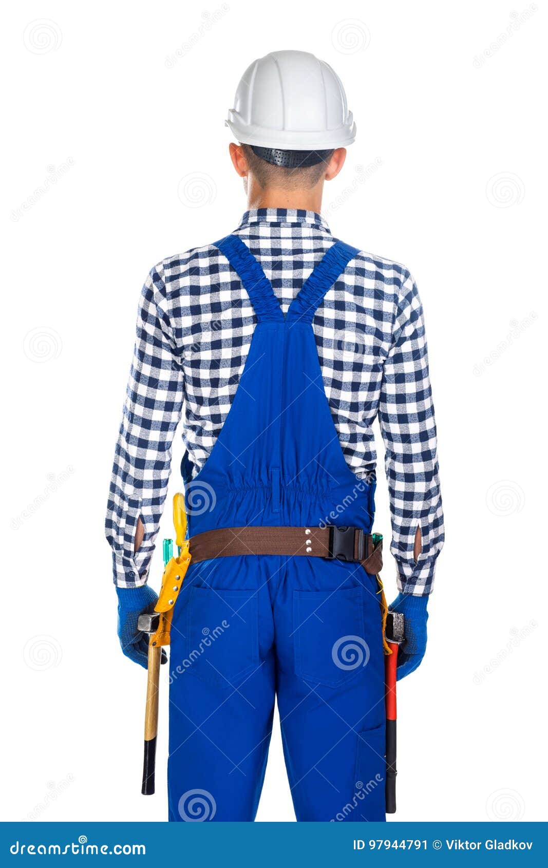 Back View of Young Construction Worker in Uniform and Tool Belt Stock Image Image of back length 97944791