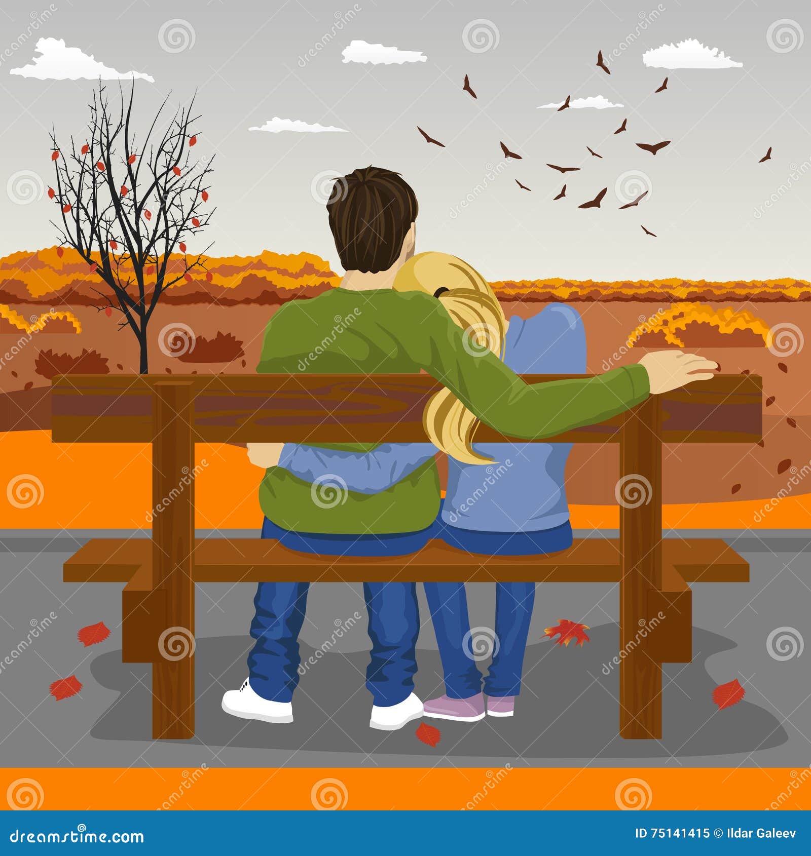 Back View of Young Couple Sitting Together on Bench Outdoors in Autumn  Stock Vector - Illustration of date, happy: 75141415