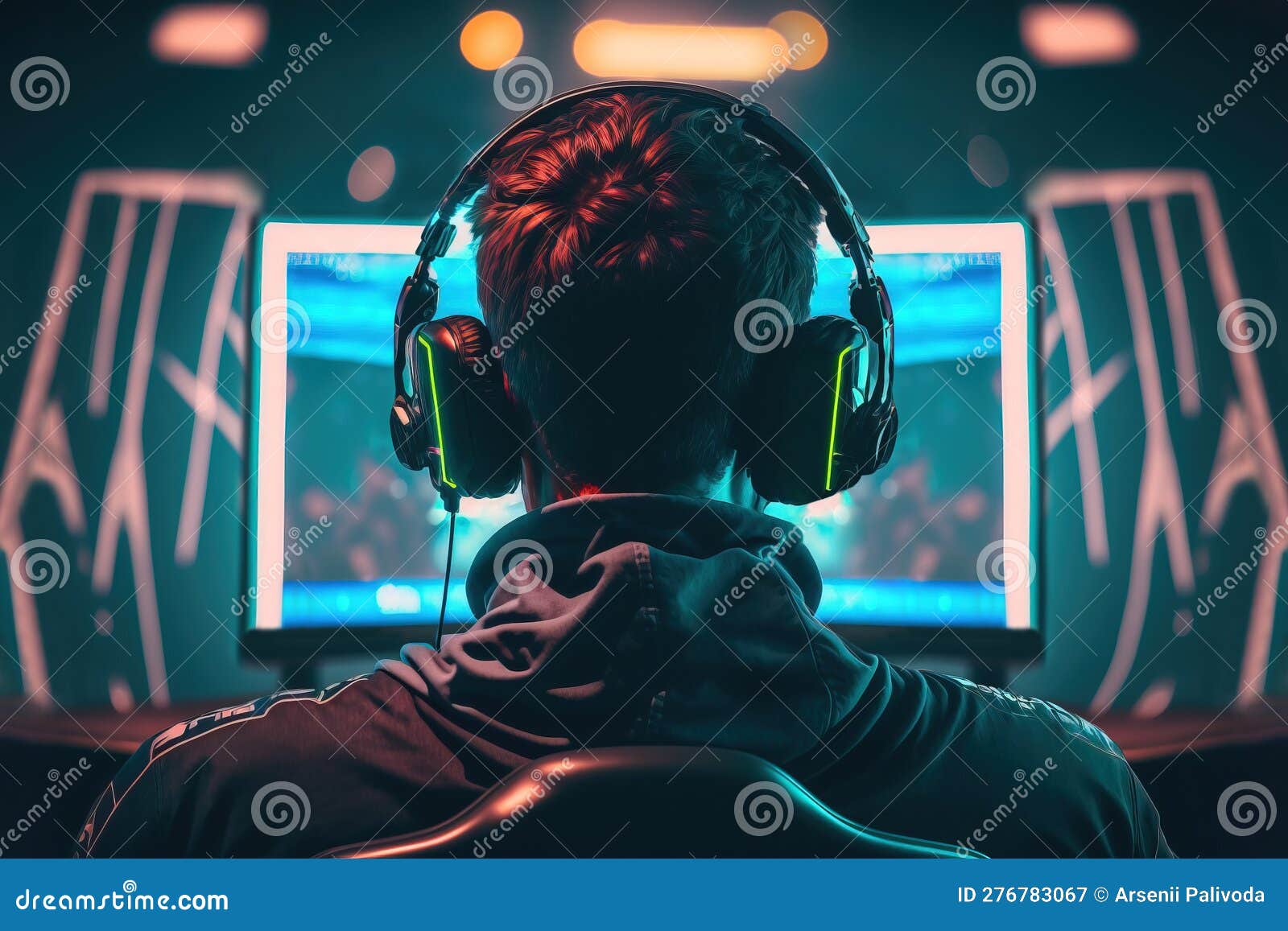 Premium Photo  Rear view play video computer pc. young man sitting on  chair in game station. happiness streamer indian man wearing headphone playing  game online in the darkroom.