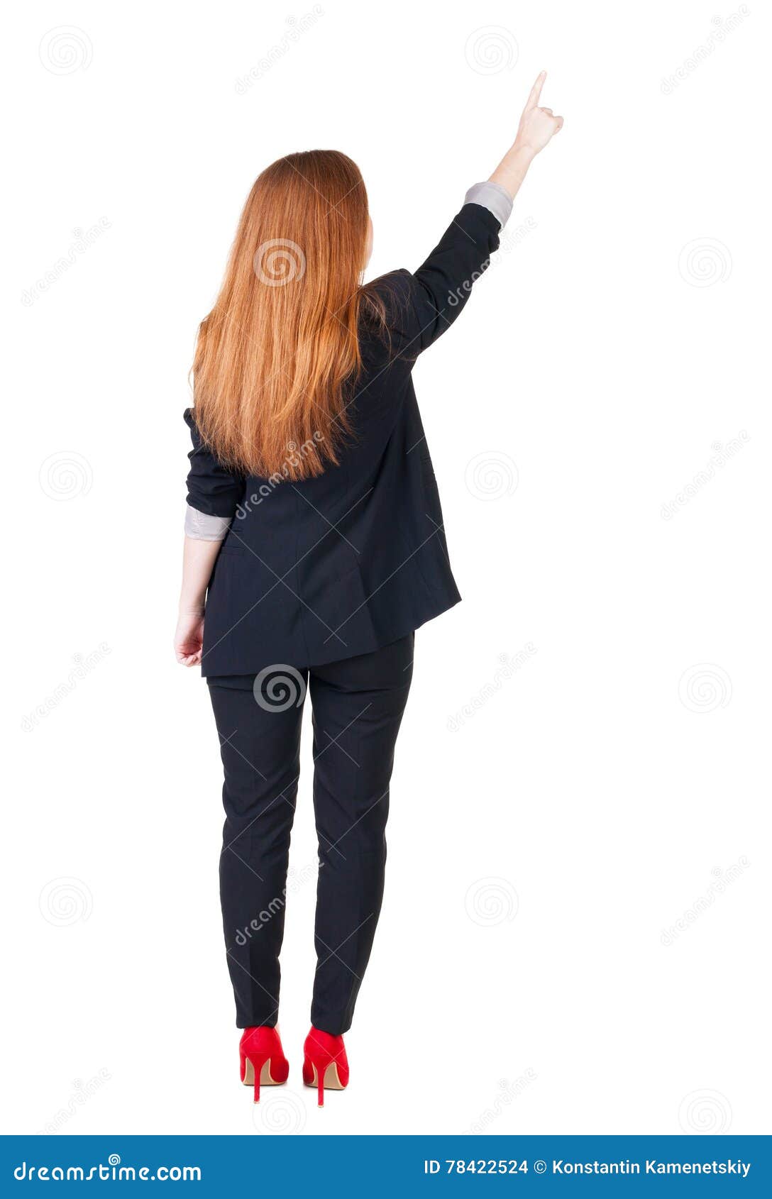 Back View of Young Redhead Business Woman Pointing at Wal Stock Photo ...