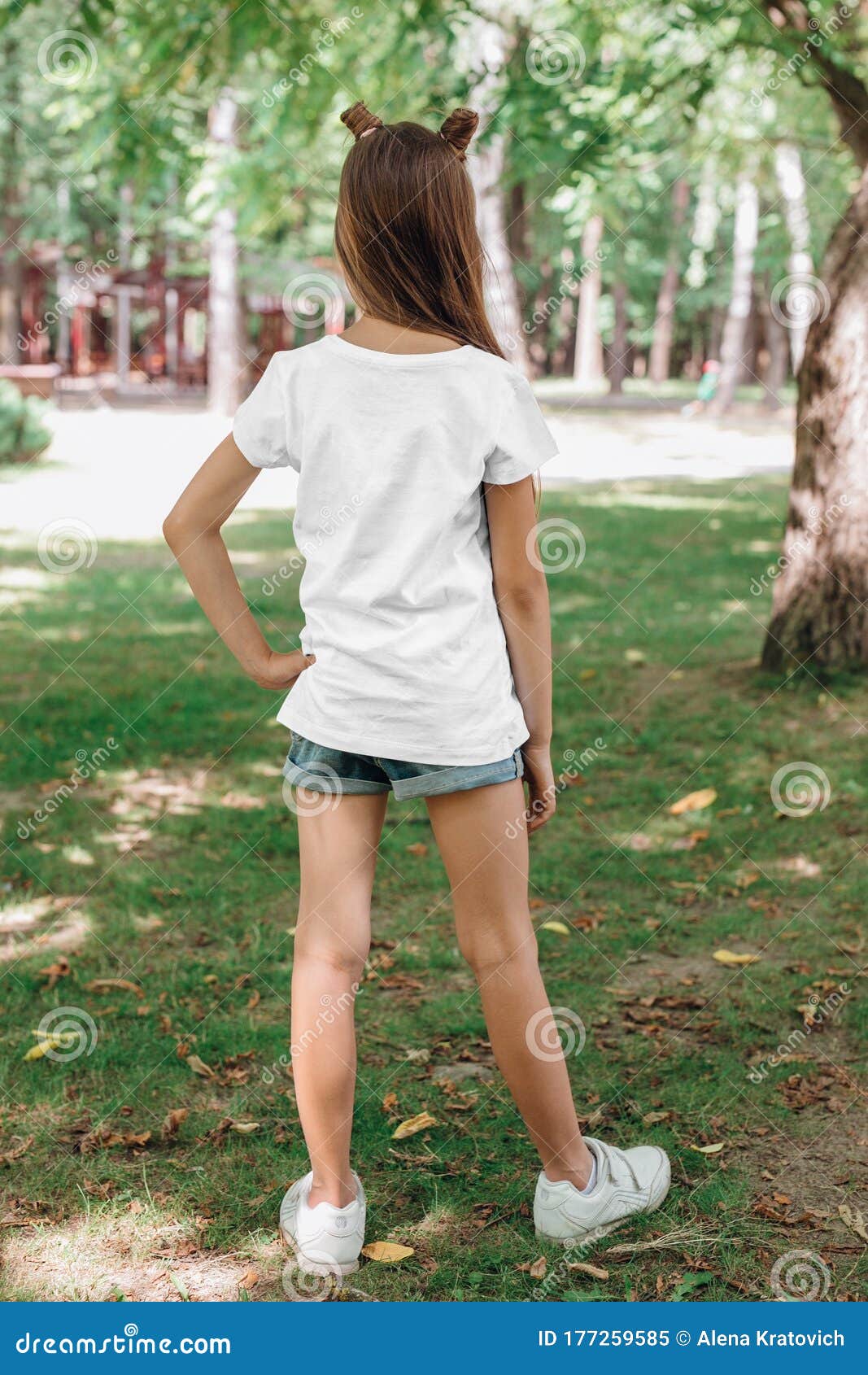 Download Back Views Of Little Girl In Blank T-shirt In Park. Mockup ...