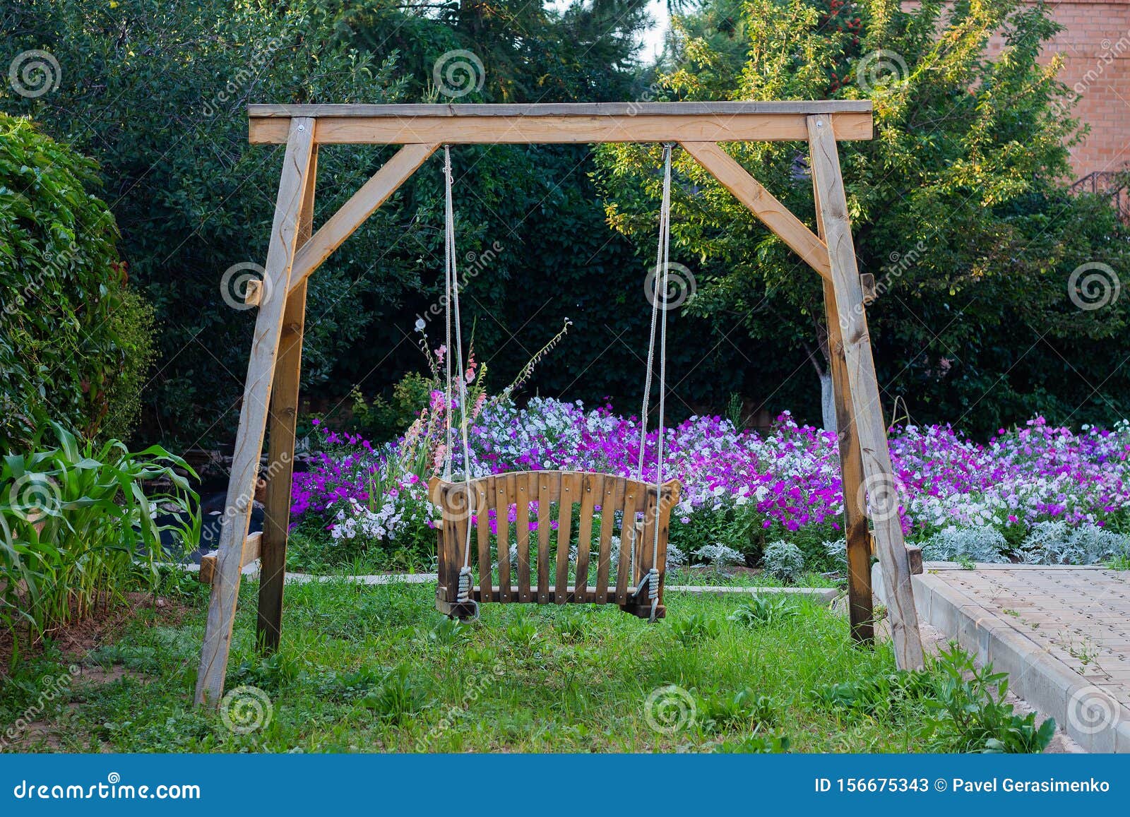 Back Yard with Tree Swing, Grass, and Other Greenery Stock Image