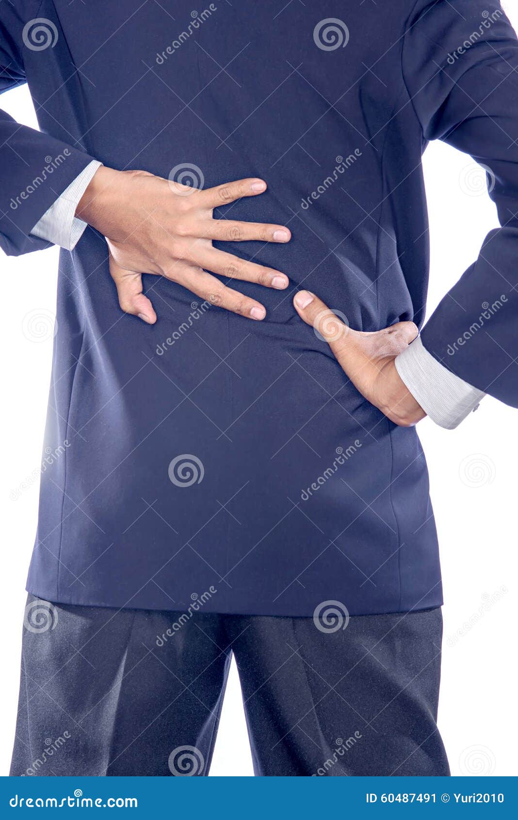 Backache Concept Bending Over in Pain with Hands Holding Lower B Stock