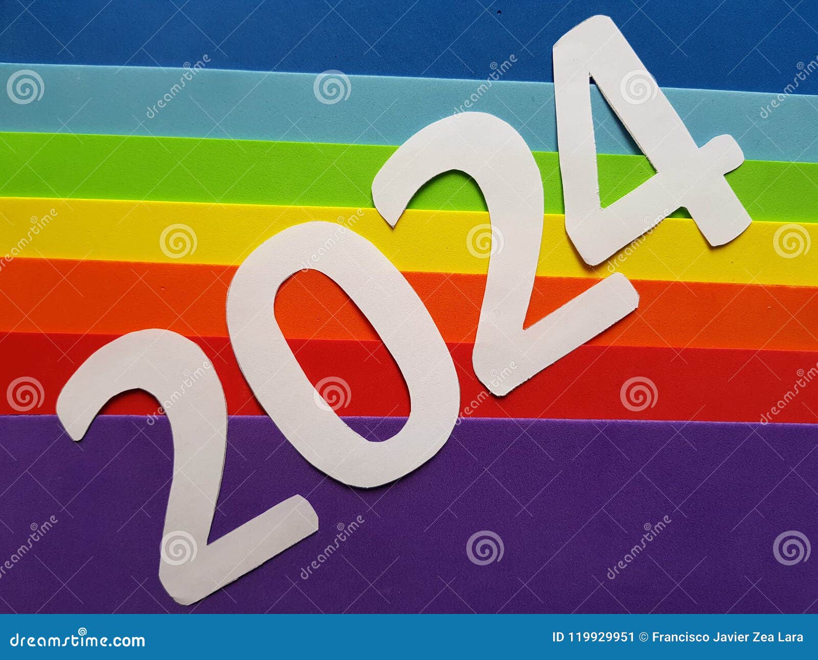 Number 2024 in White with Foamy in Rainbow Colors Background Stock