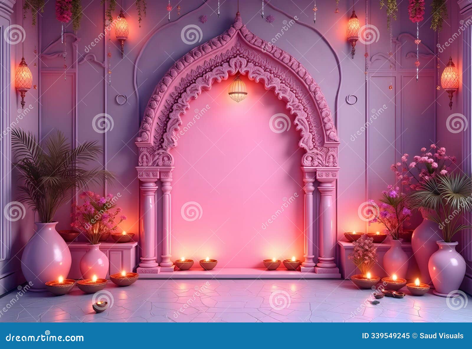 backdrop of empty 3d wall with indian arch. happy diwali background colorful lamp with diya (oil lamps), diwali stock.