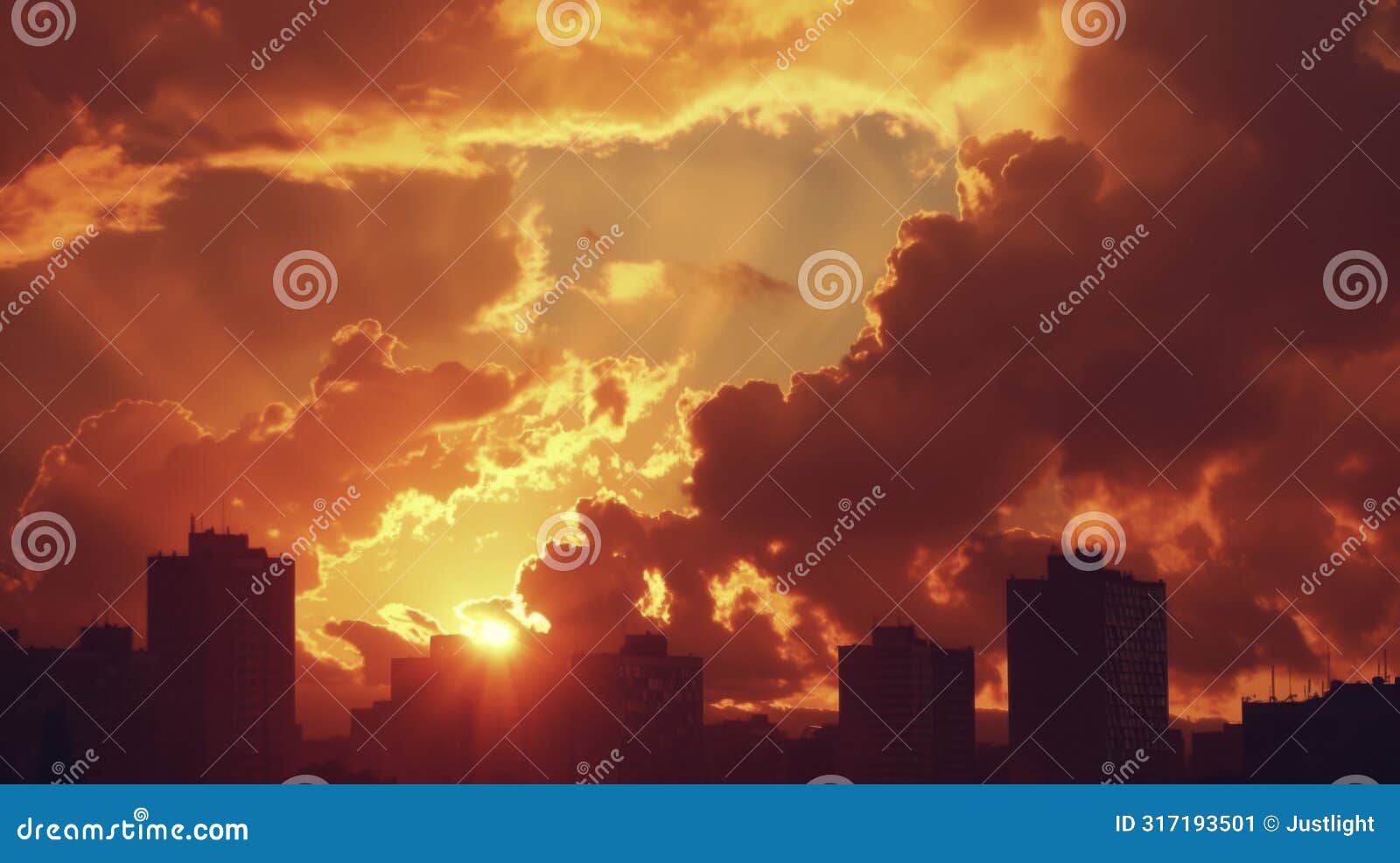 a backdrop of fiery clouds behind the citys iconic architecture