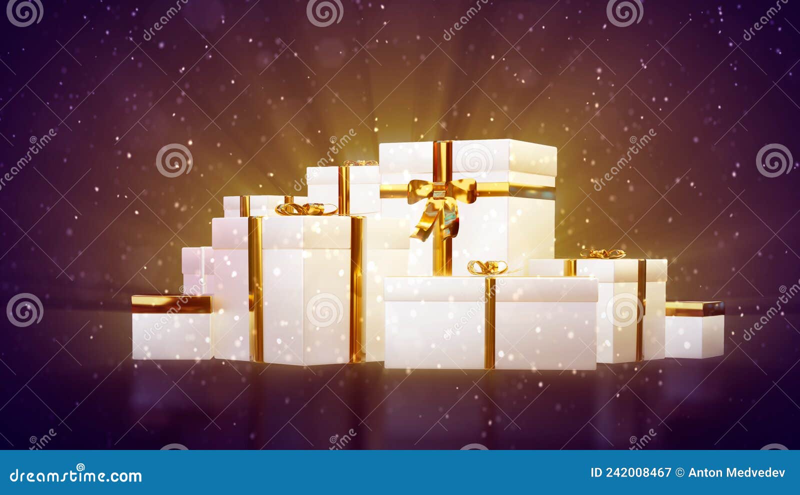 backdrop of holiday lighting gifts pile with falling snow - abstract 3d rendering