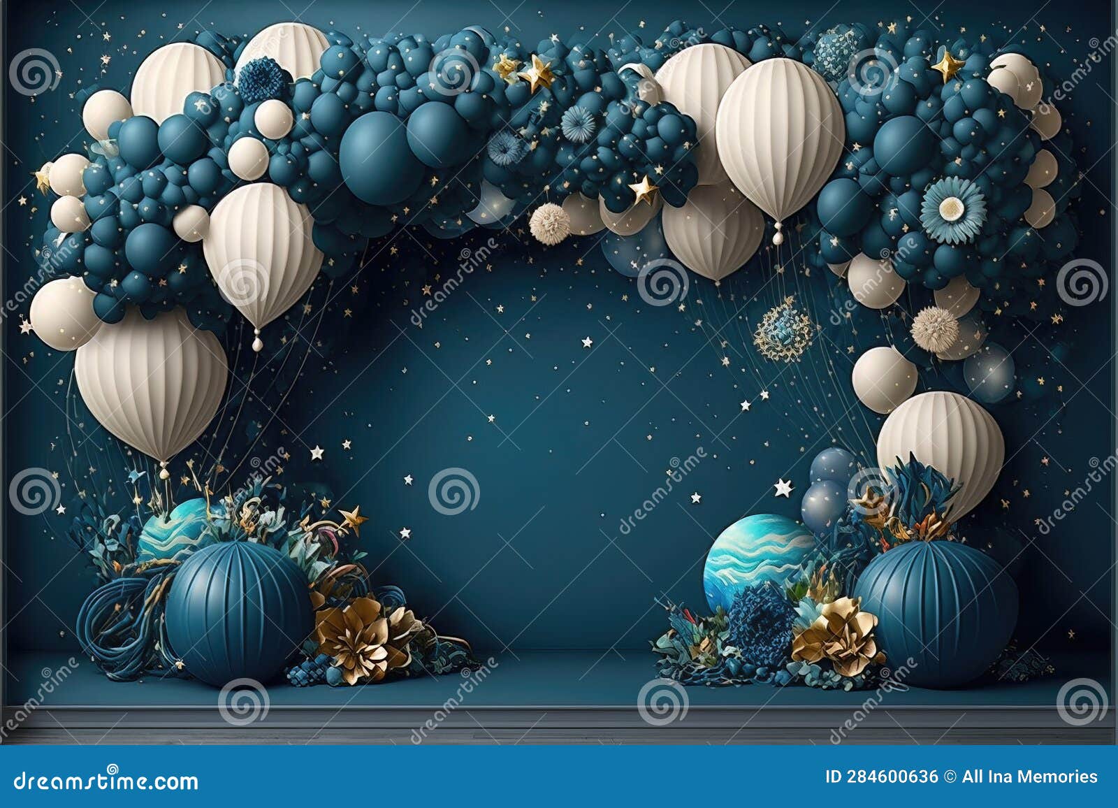 a mesmerizing spiral blue ballons garland galaxy, aniversary, smash cake fantasy backdrop