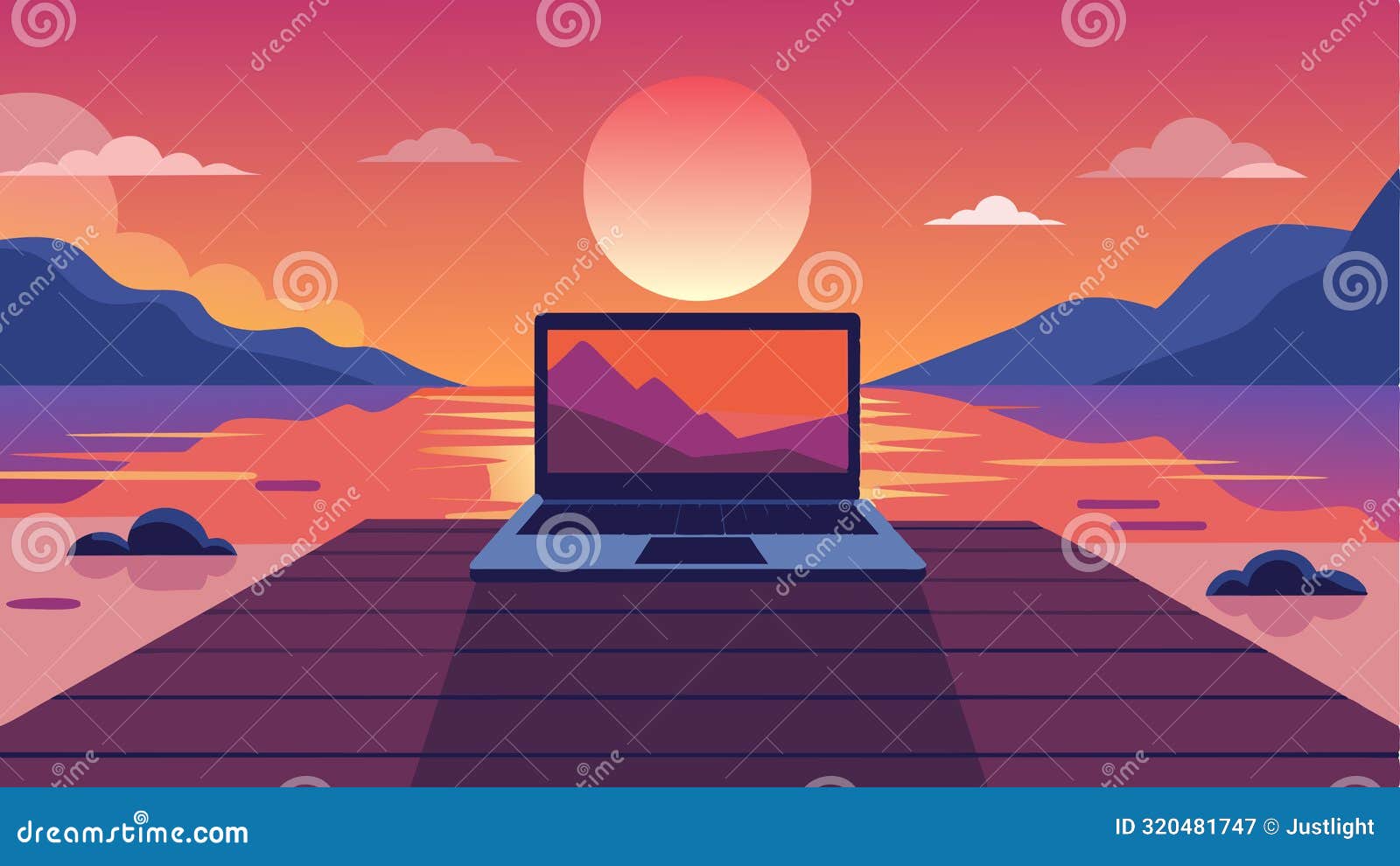with the backdrop of a vibrant sunset a laptop rests on a creaky dock its user enjoying the best of both worlds nature