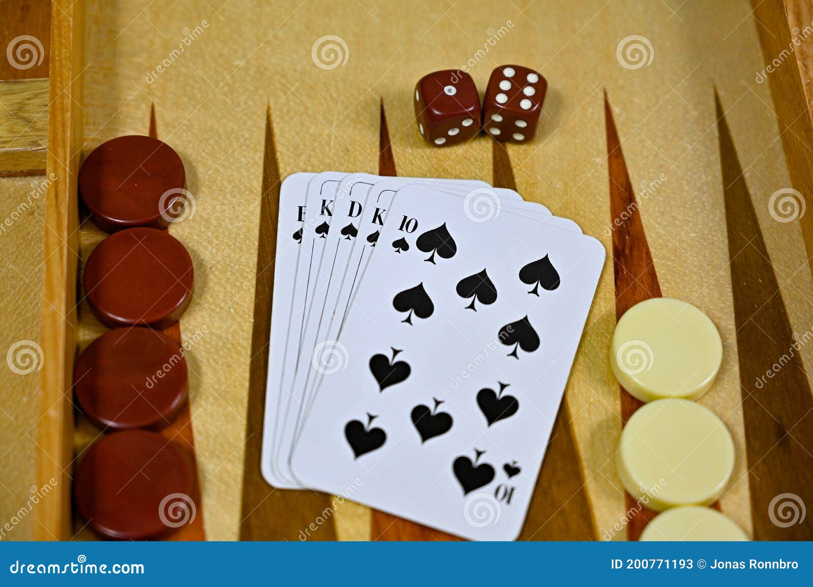 Backgammon Board with Game Pieces Cards and Dices Stock Image Image