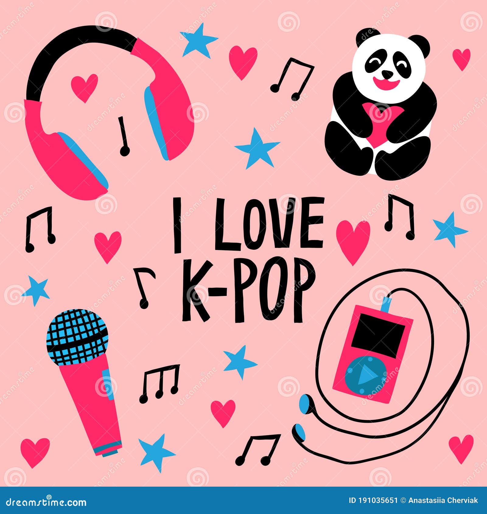 I Love K-POP` Sign. Flat Style Drawing. Mic, Mp3 Player, Headset and Cute  Panda Bear Hold Heart. Stock Vector - Illustration of headset, musical:  191035651