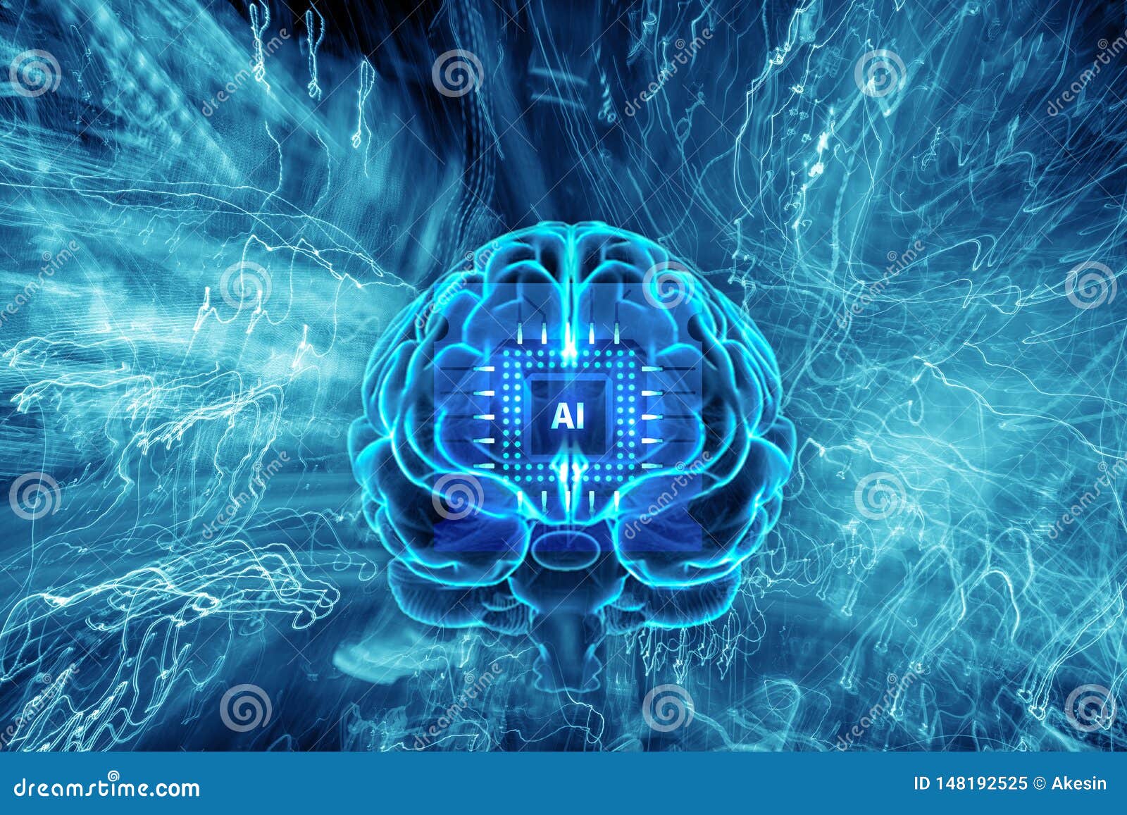 Background of Artificial Intelligence. Human Brain with AI Computer Chip  with Light Trail, Virtual Concept, Futuristic Abstract Stock Illustration -  Illustration of face, artificial: 148192525