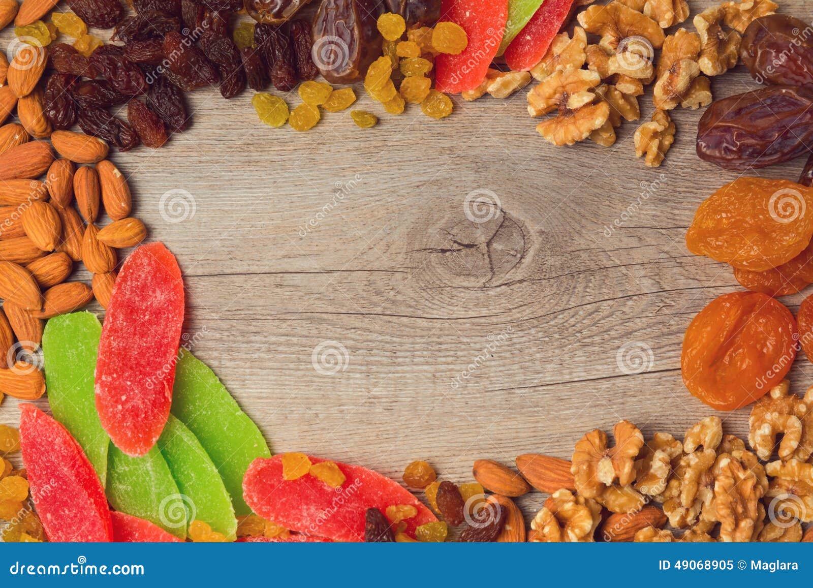 Background with Assorted Dry Fruits and Nuts. View from Above Stock
