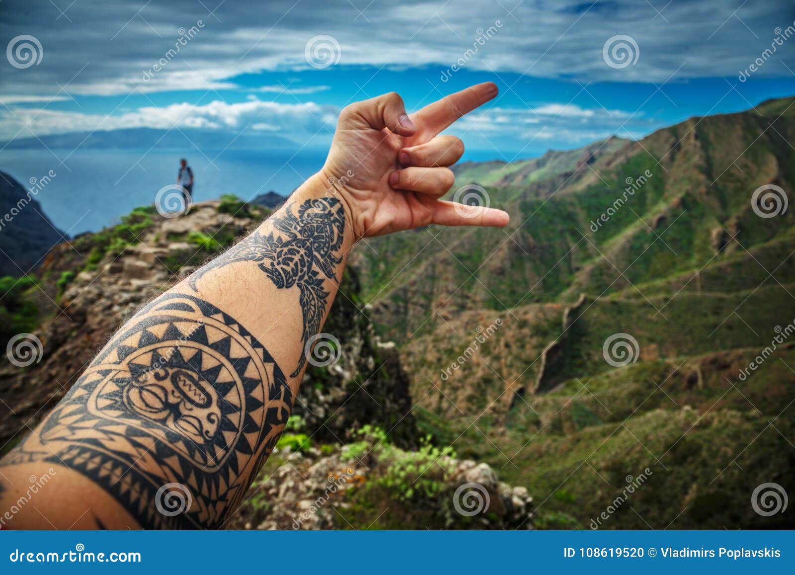 background beautiful mountain landscape man s hand showing rock onsign against 108619520