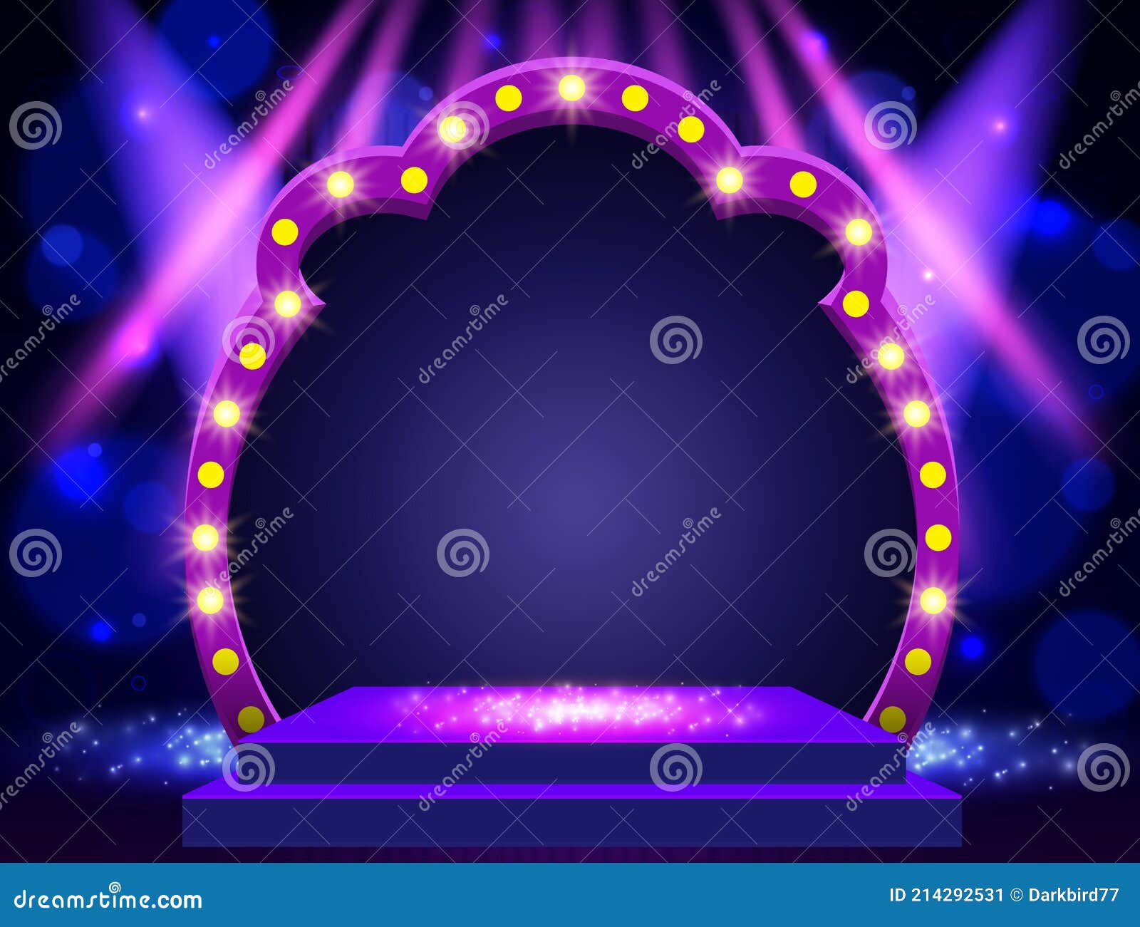 Background with Blue Curtain, Spotlights, Podium and Retro Round Banner.  Design for Presentation, Concert, Show Stock Vector - Illustration of  cinema, night: 214292531