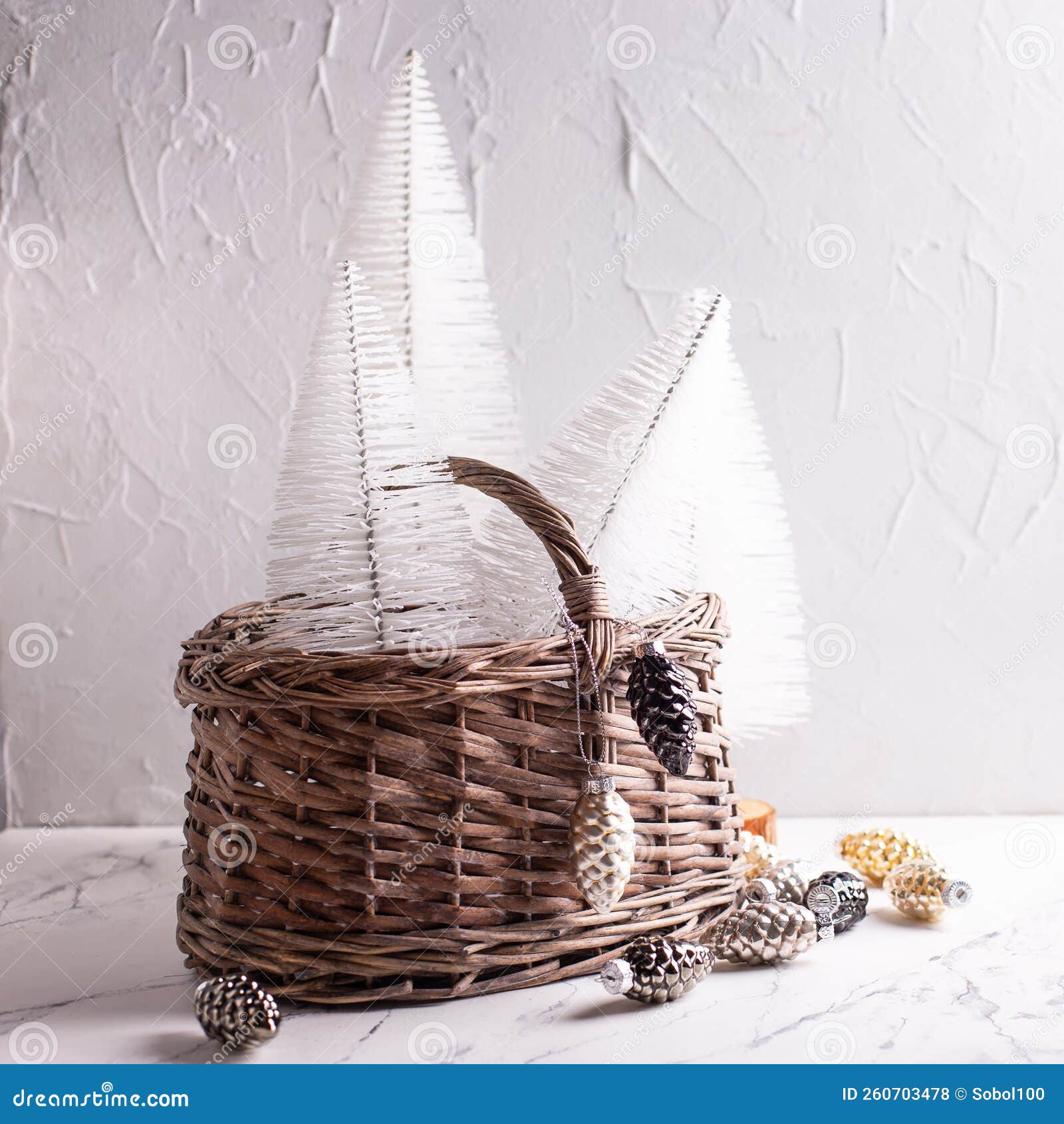 Rustic Basket with Decorative White Holiday Trees and Black and Silver