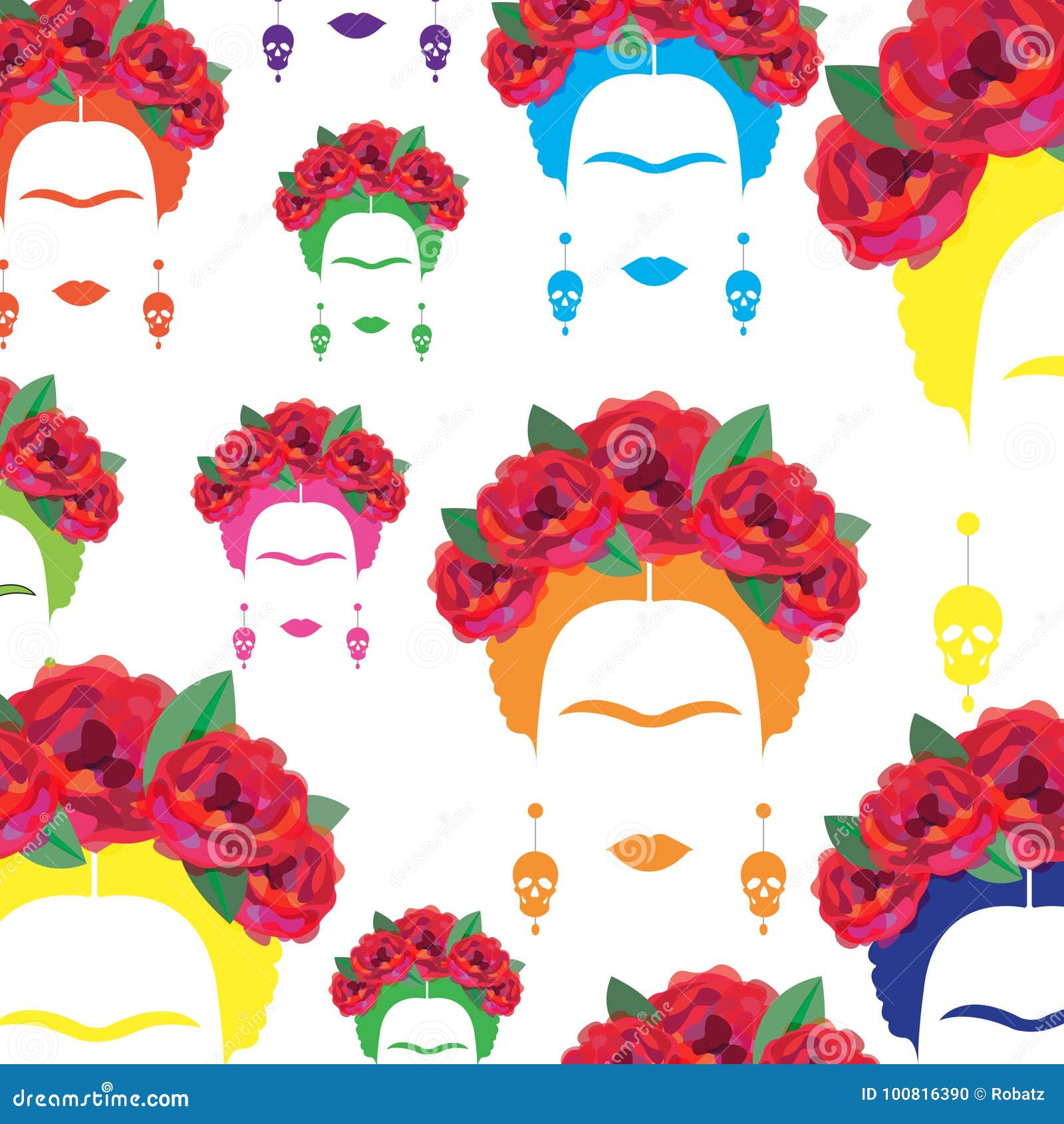 background colorful portrait of mexican or spanish woman, minimalist frida kahlo with earrings skulls,