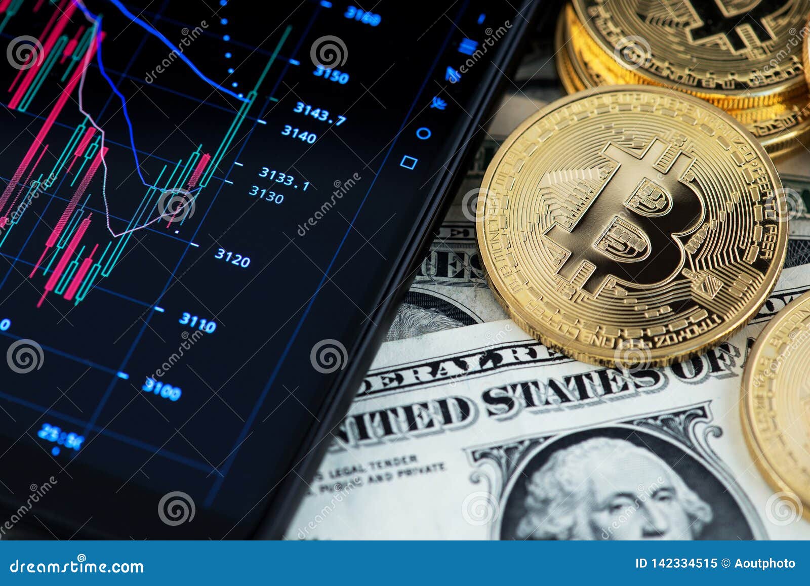 Bitcoin cryptocurrency and banknotes of one US dollar next to mobile phone showing candlestick chart.