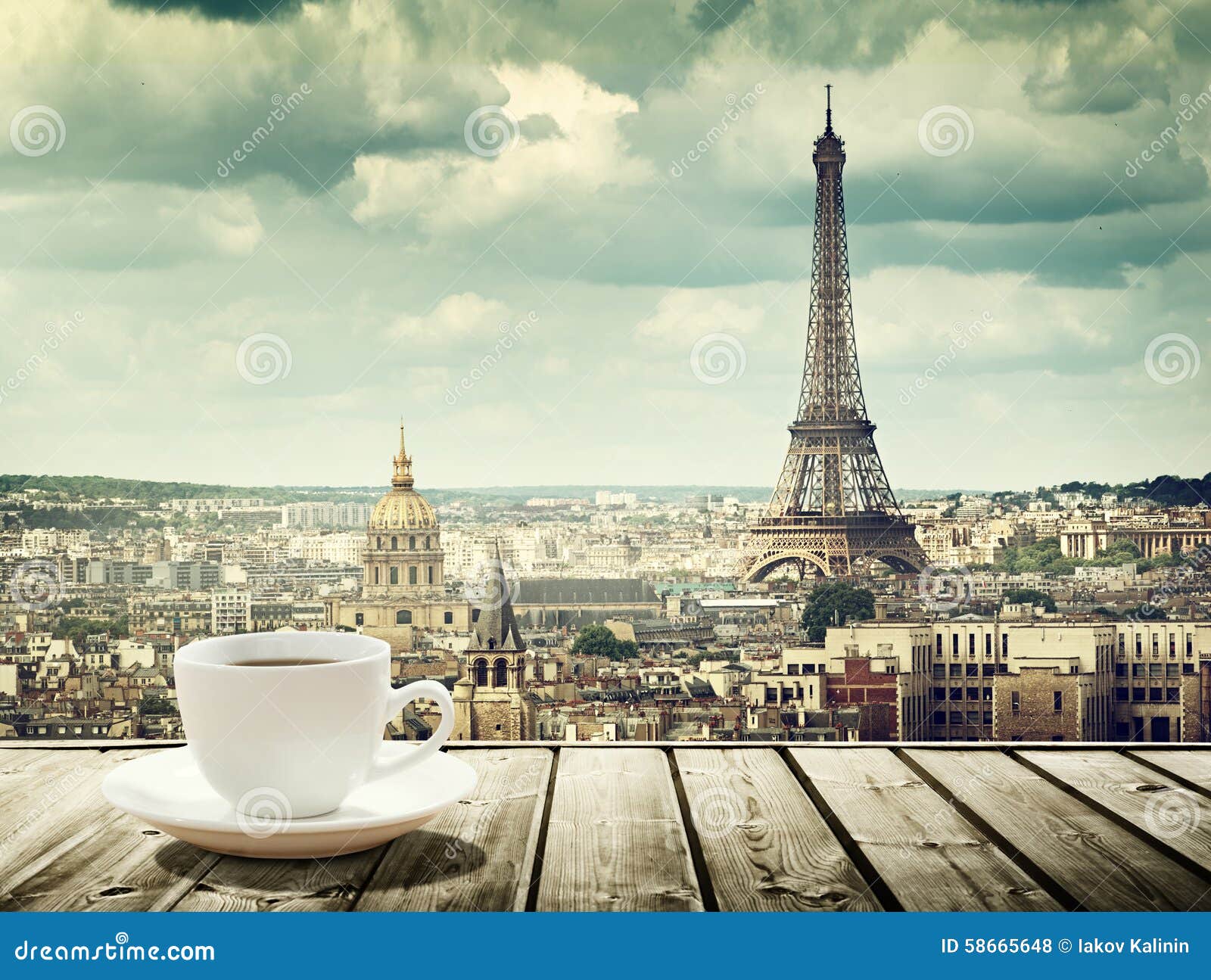 Background With Cup Of Coffee And Eiffel Tower In Paris Stock