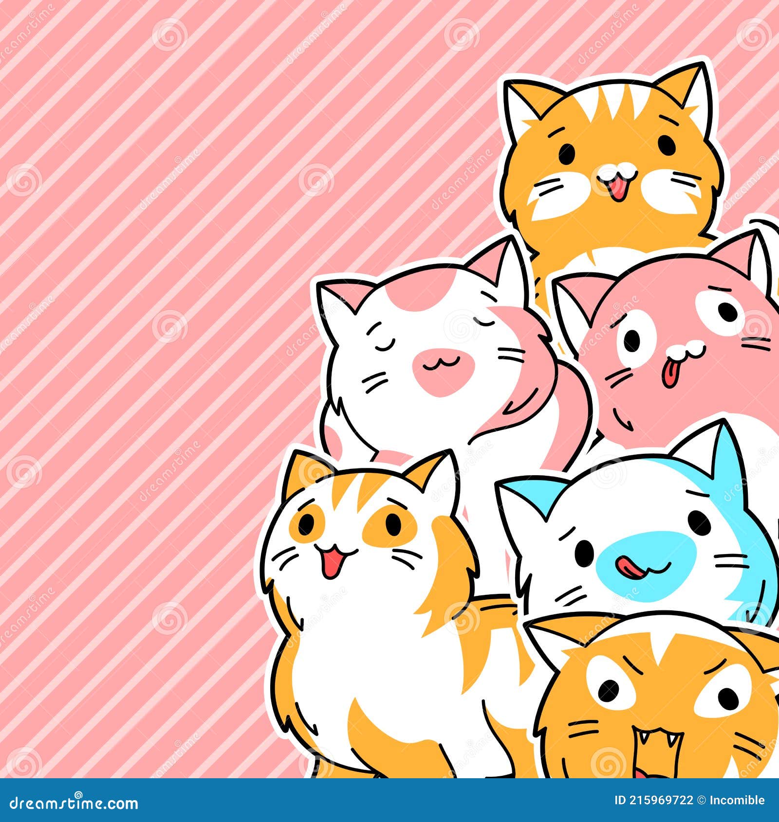 Background with Cute Kawaii Cats. Fun Animal Illustration Stock Vector ...