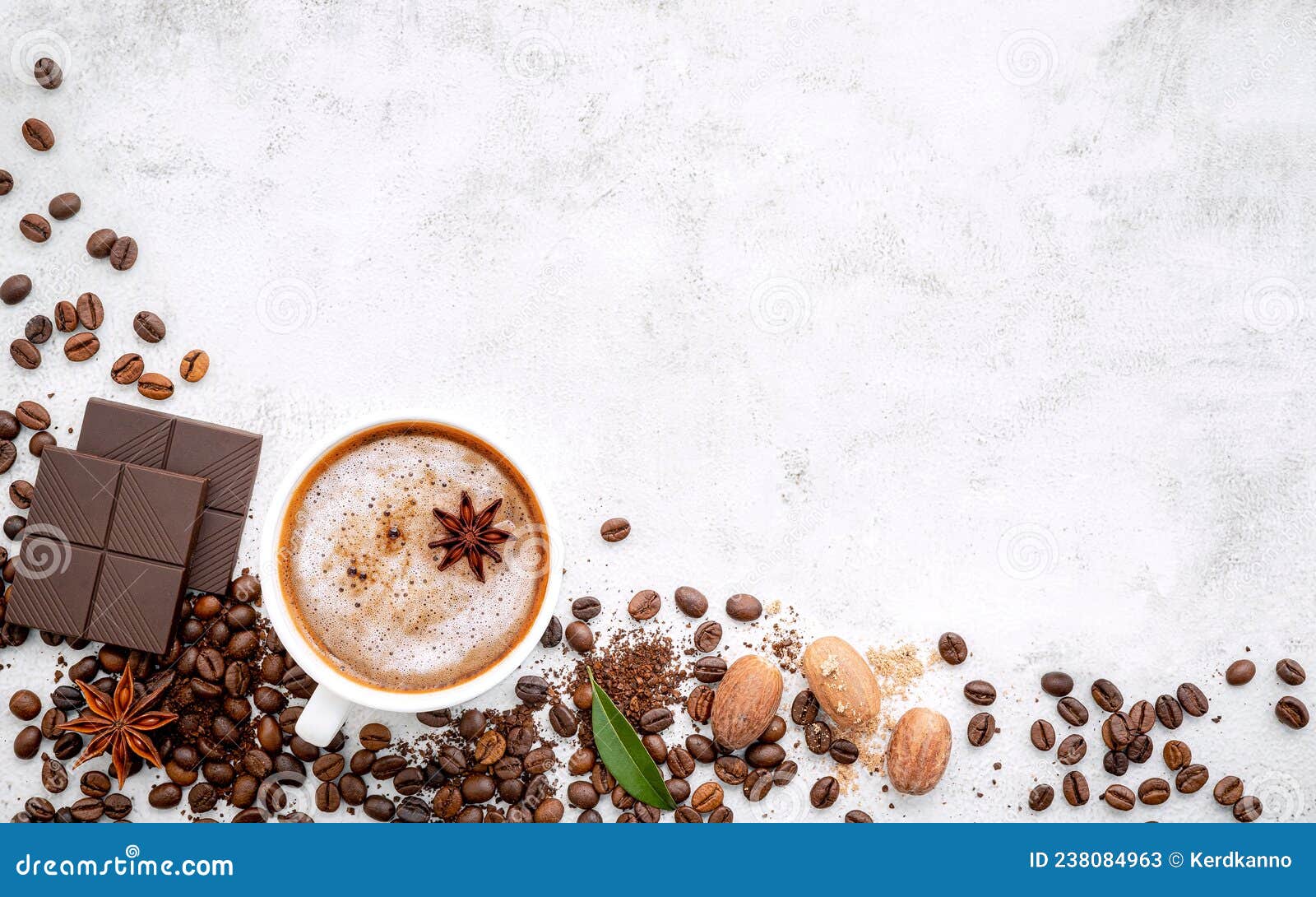 Background of Dark Roasted Coffee Bean and with Dark Chocolate on White