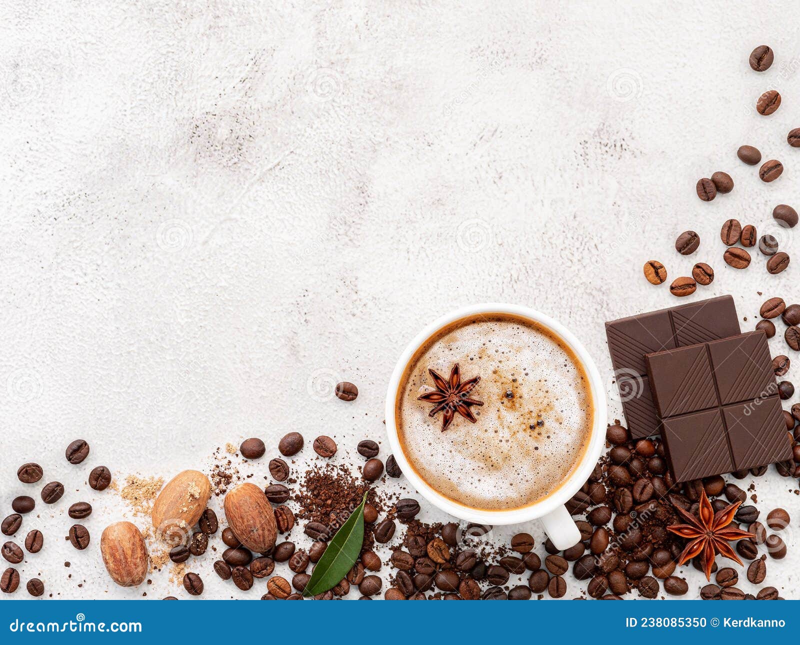 Background of Dark Roasted Coffee Bean and with Dark Chocolate on White