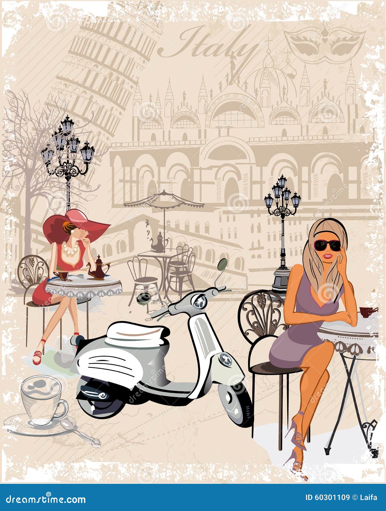 background decorated with girls drinking coffee, the italian sights