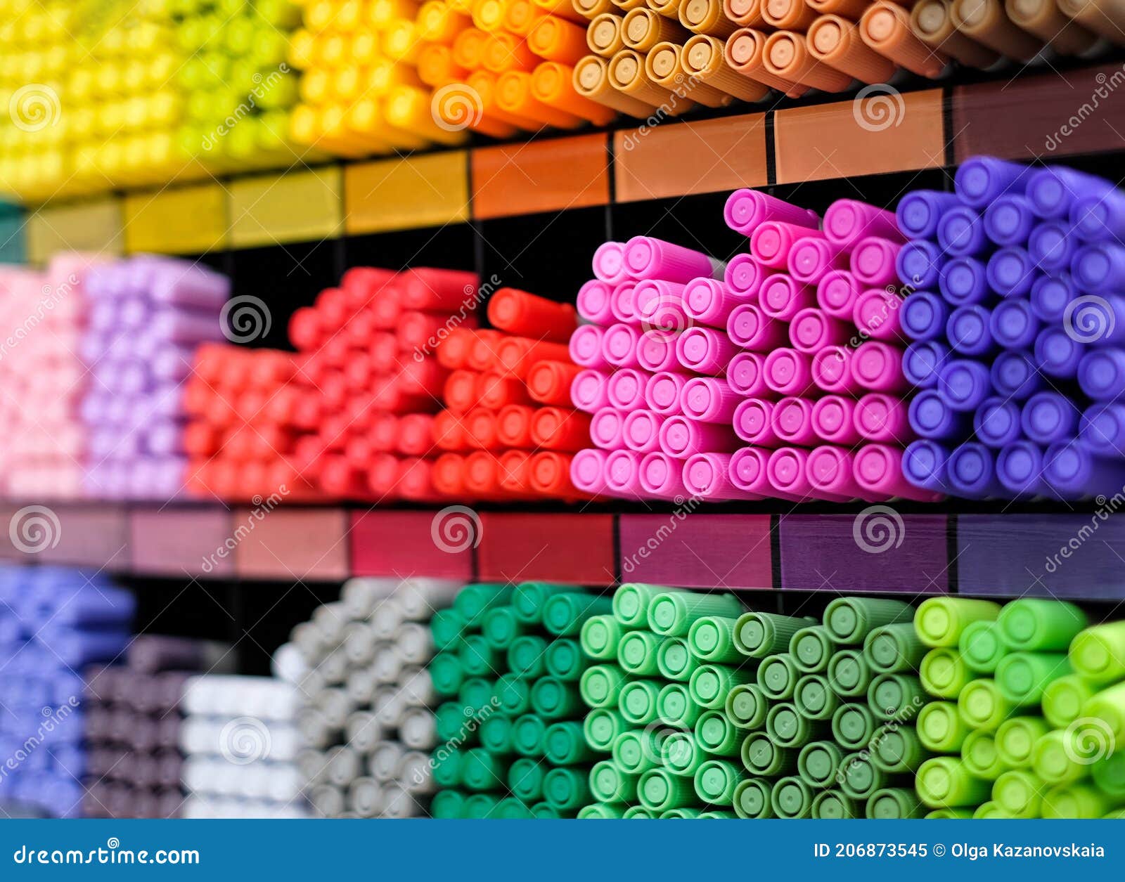 Colorful pens on shelf in stationery store Stock Photo by ©crPrin 167053992