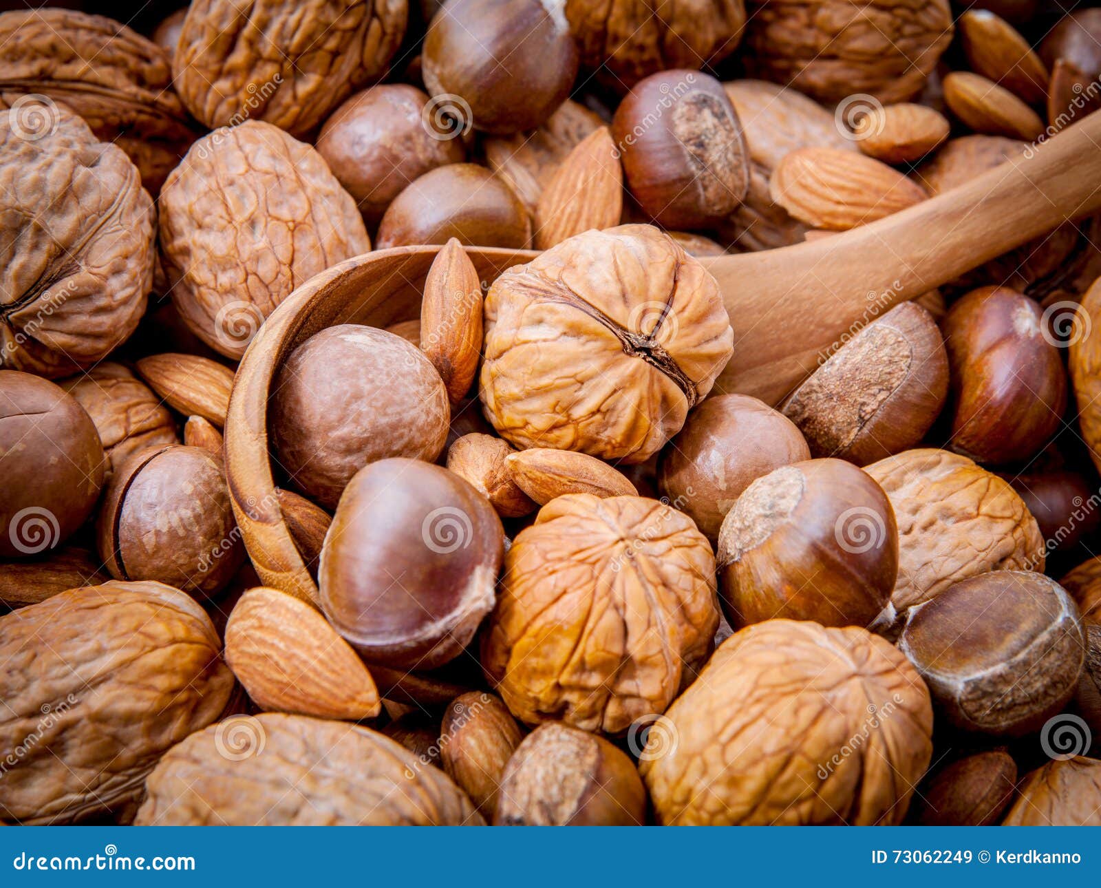 Background with Different Kinds of Nuts Walnuts Kernels ,macada Stock
