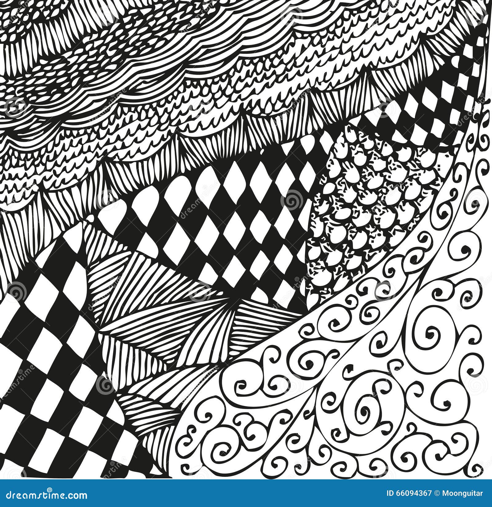 Background with Doodling Hand Drawn Patterns. Curls, Waves, Chessboard ...