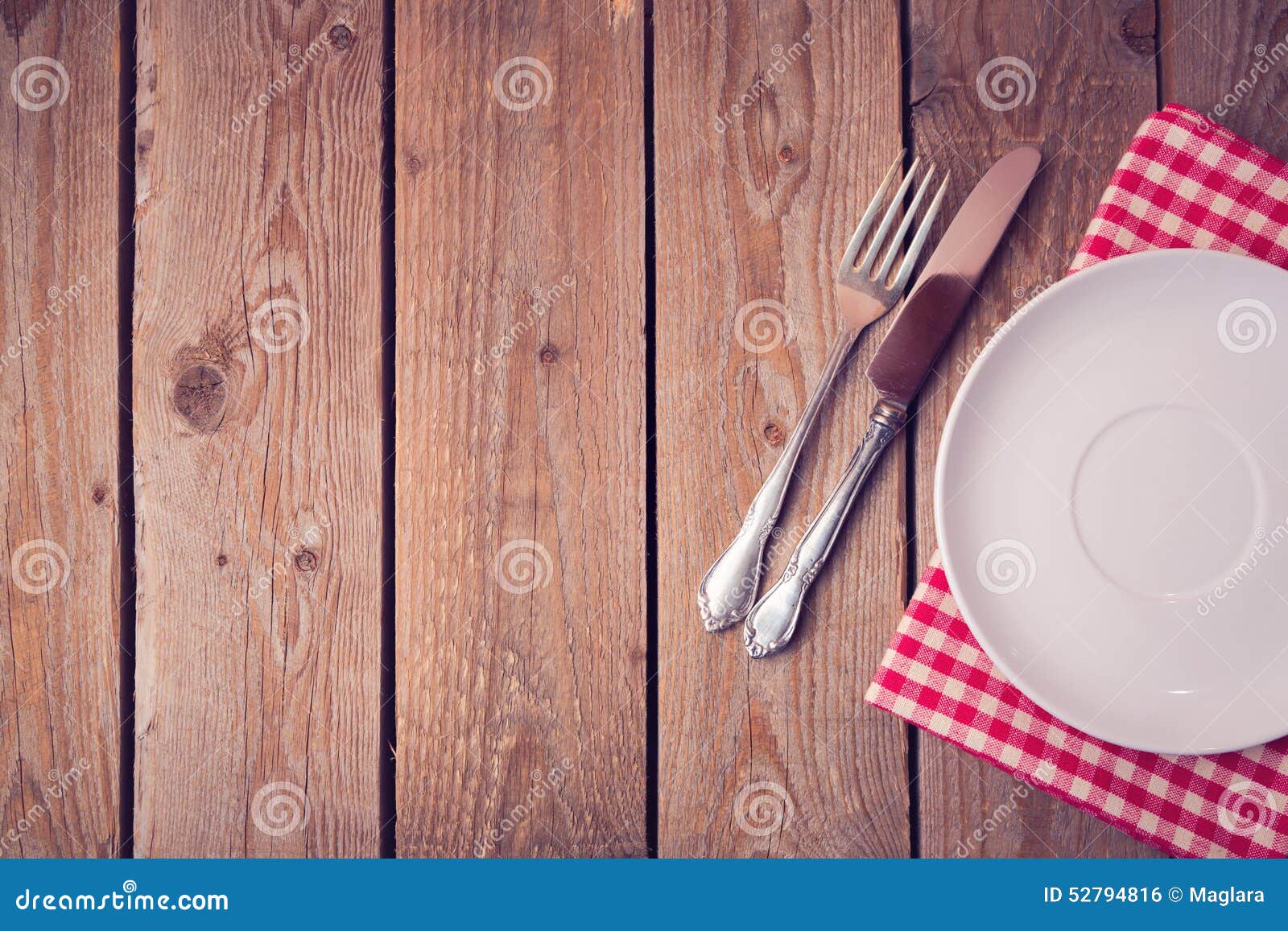 Background With Empty Plate On Wooden Table. View From 