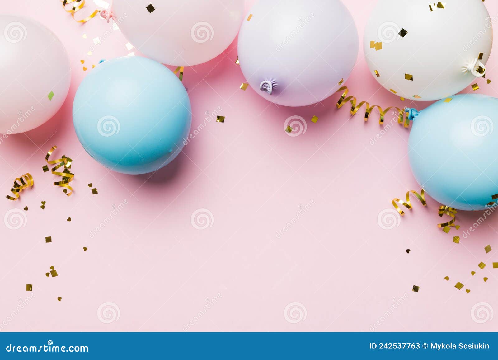 background with fastive air balloons of round  and confetti, multicoloured top view. birthday party background