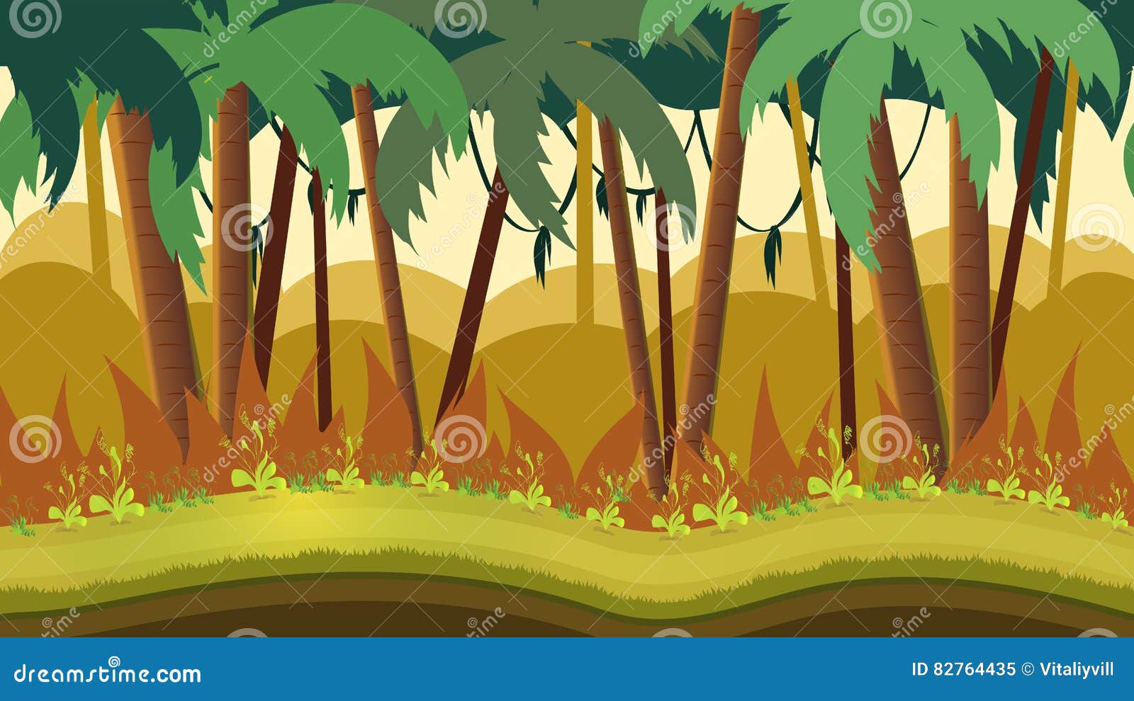 background for games apps or mobile development. cartoon nature landscape with jungle. size 1920x1080