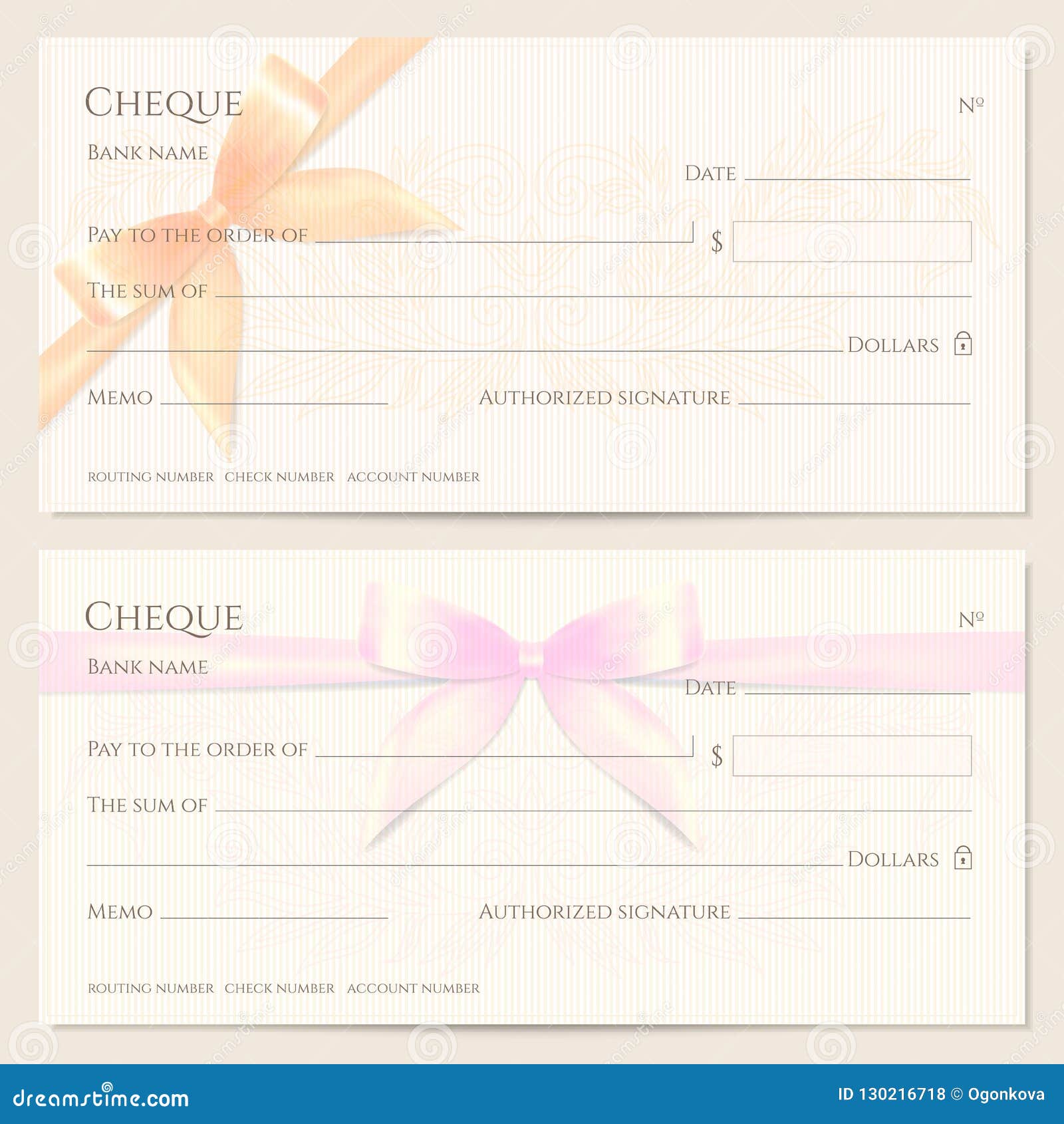 Check, Cheque Chequebook Template. Floral Pattern with Orange, Pink Bow ...