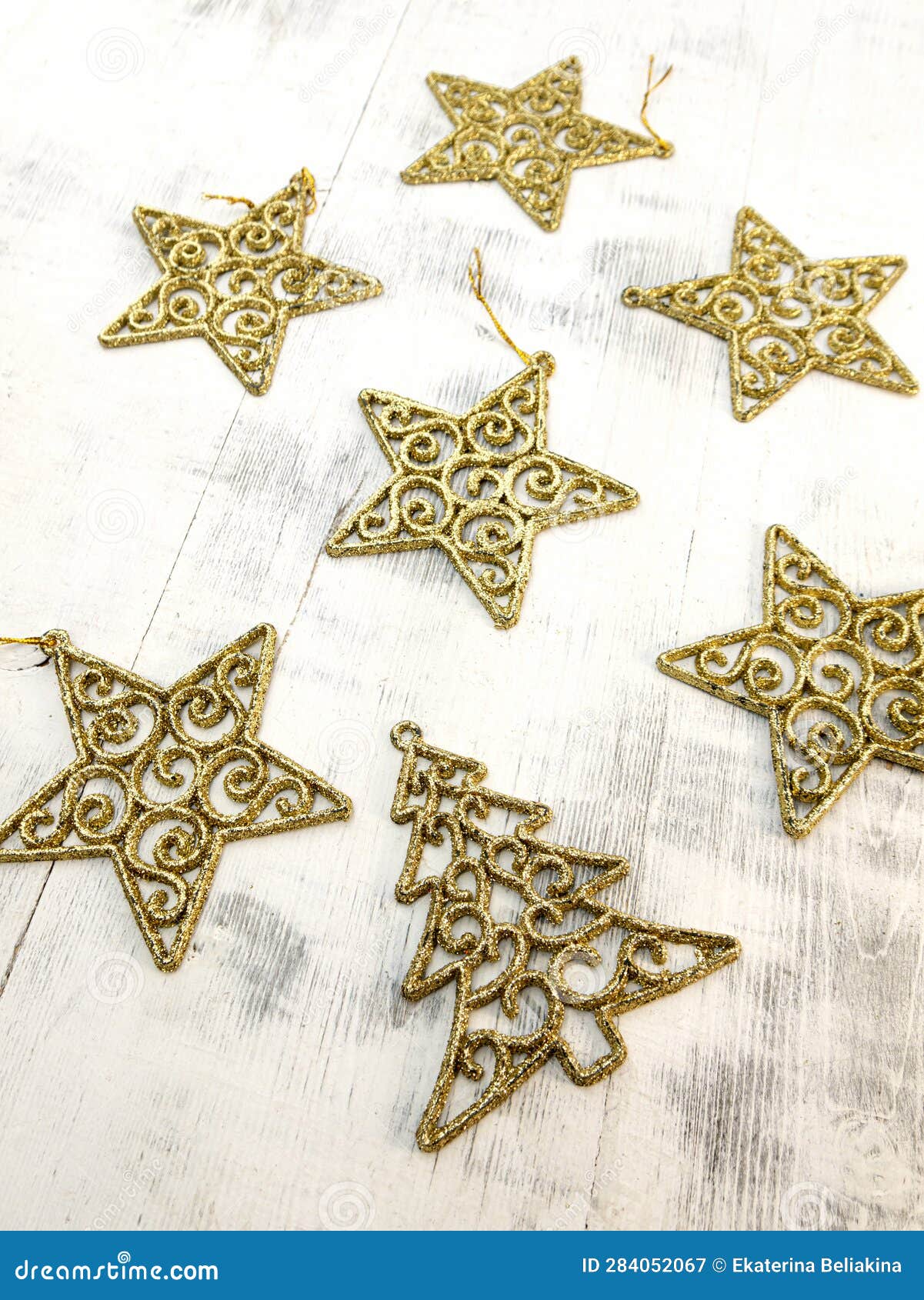 Background with Gold Christmas Tree Decorations Gold Stars and