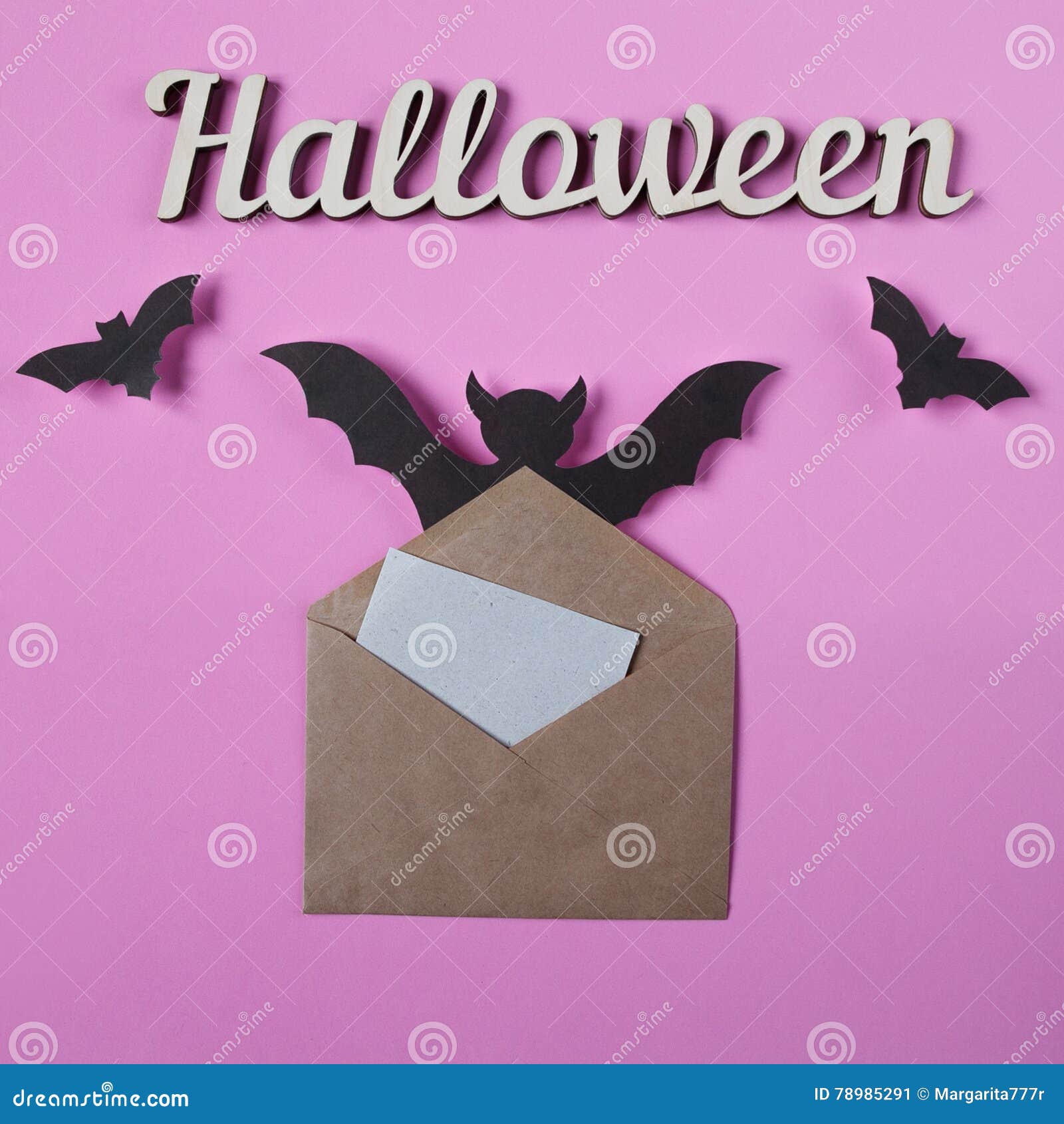 Background. Halloween Decoration. Envelope with Empty Paper for Text. Papercut Bats Flying Stock