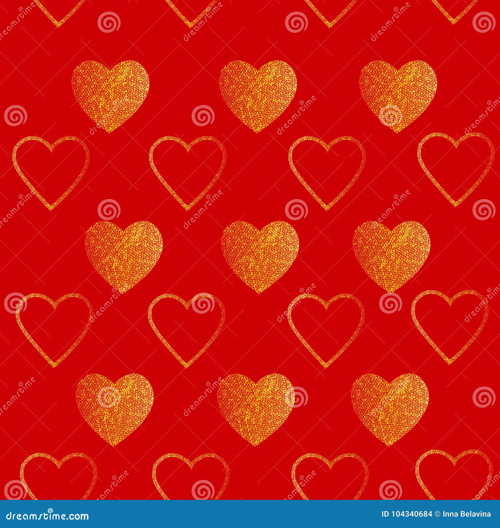 Background with Hearts. Illustration in Red Colors with Gold Glitter