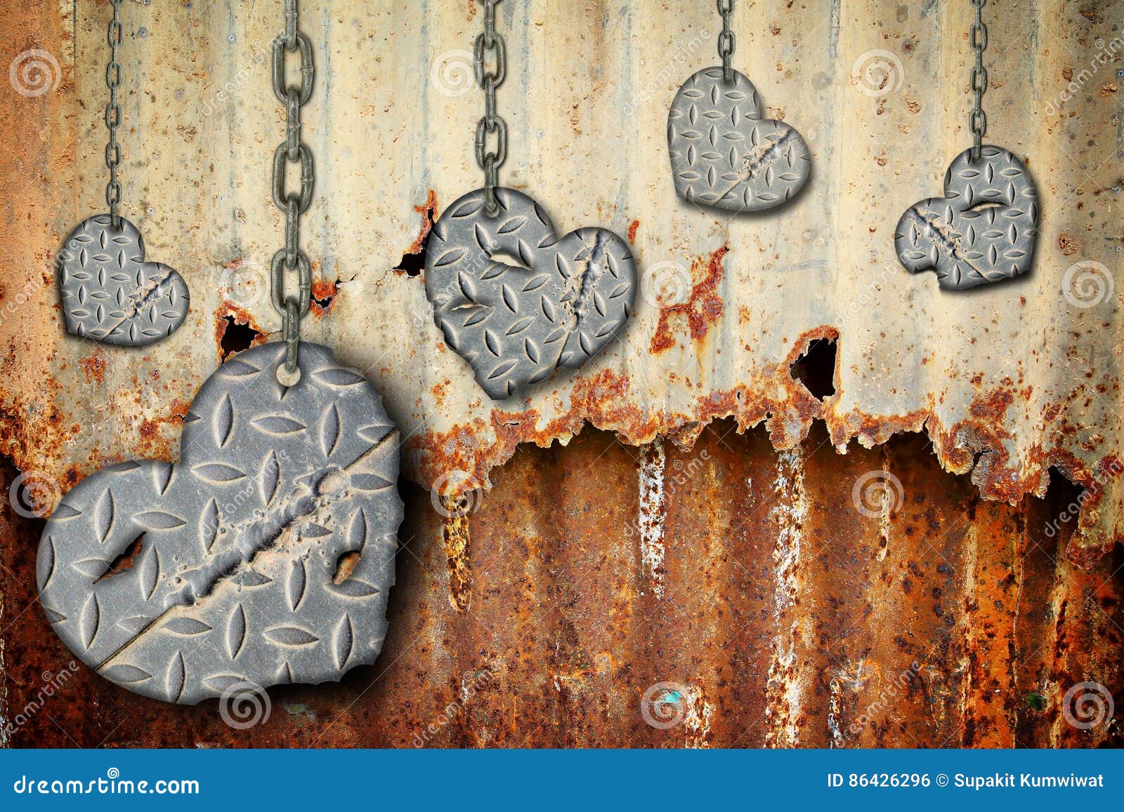 Background Hearts of Steel with Scratches Hanging on Chains Stock Photo