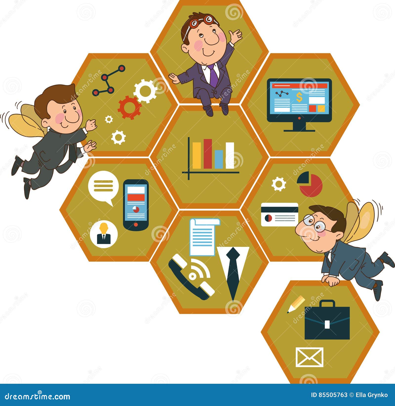 Background honeycomb structure with interface icons. Cartoon people on the background of the honeycomb structure with interface icons. Global business concept. Man in the global Internet.