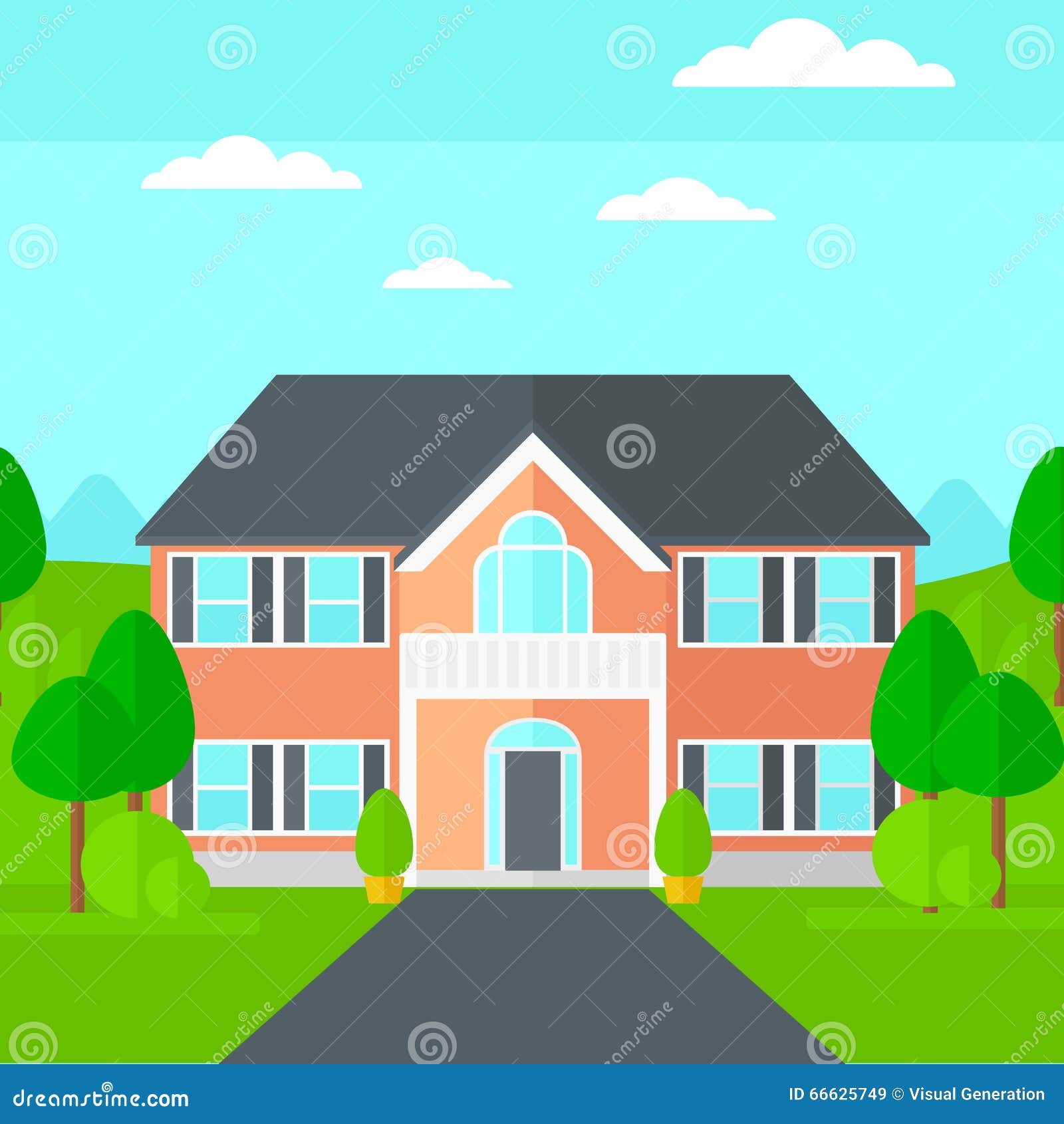 Background Of House With Beautiful Landscape And Driveway. Stock Vector