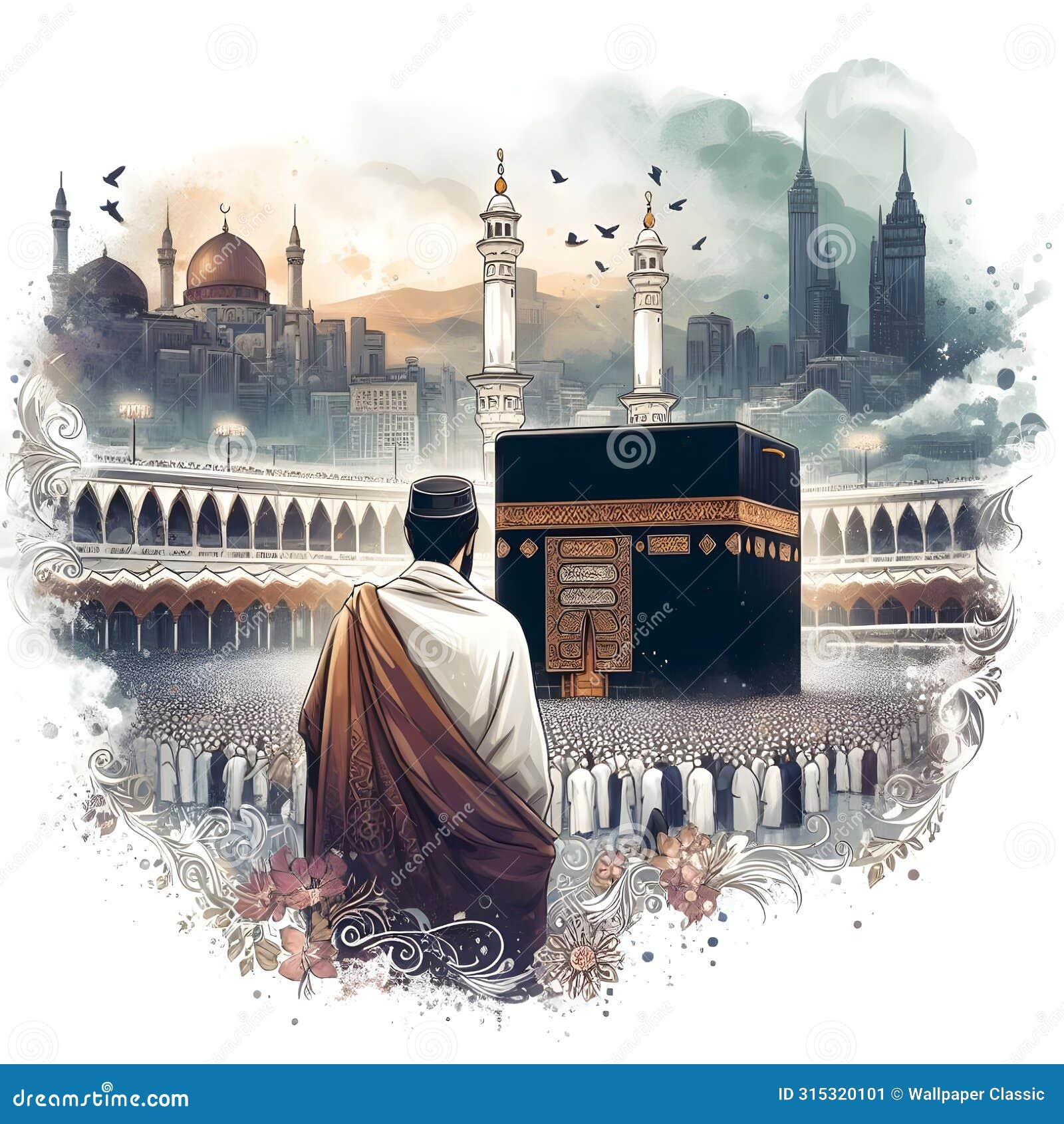 background   painting man standing for mosque alharam hajj mekkah ai generator