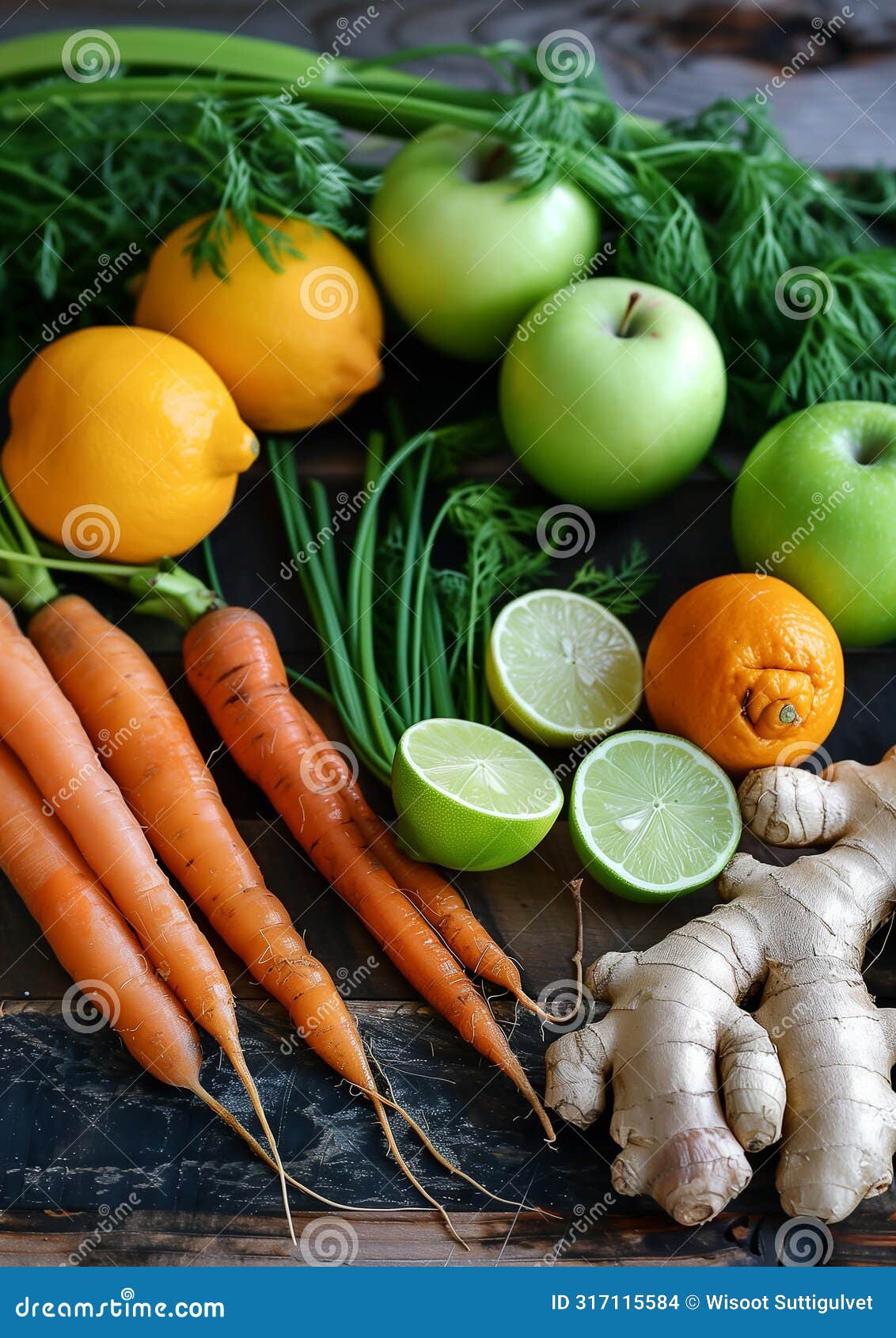 background for an instagram reel of fuit and vegetaables as apple, ginger, carrot, lemon, lime, fennel in an environment with