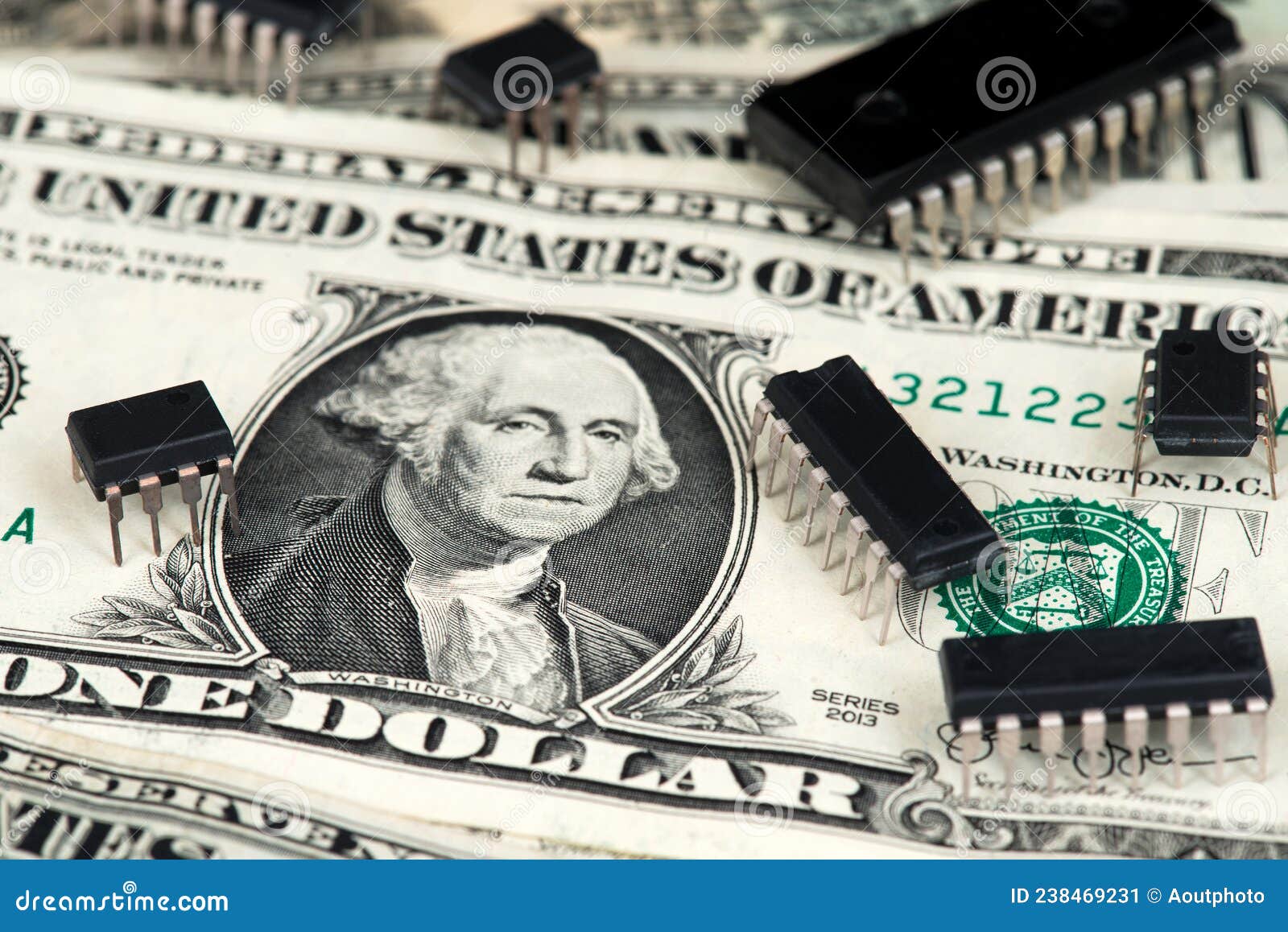 Background with Microchips on US Dollar Banknotes. Industry Crisis