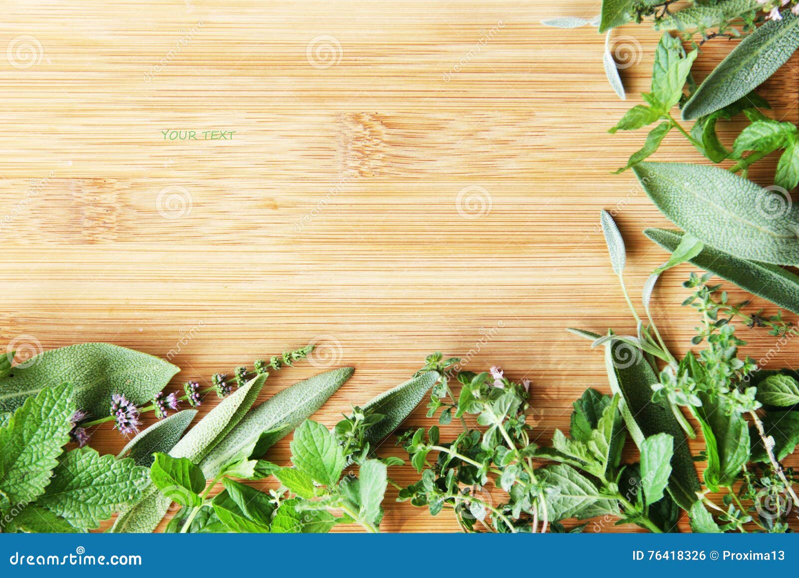 Background Mix of Herbs Sage, Mint, Thyme on Wooden Surface Stock