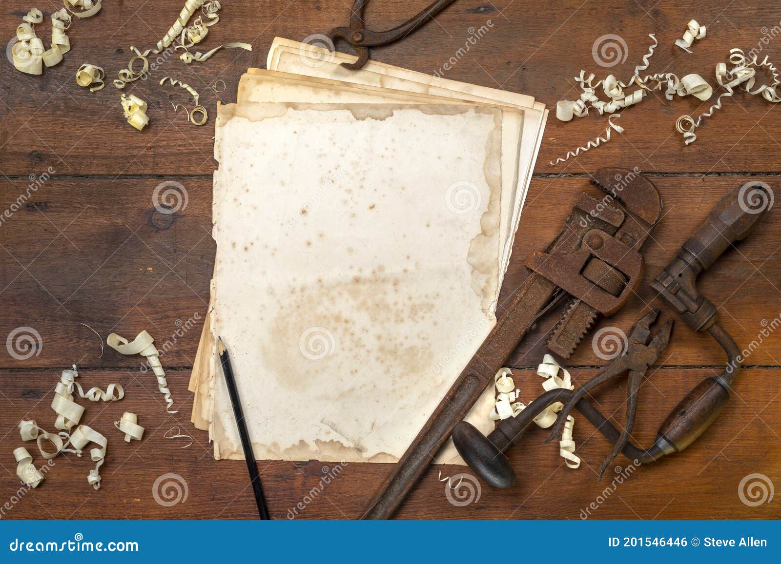 Vintage Tools on a Workbench Space for Text Stock Photo Image of