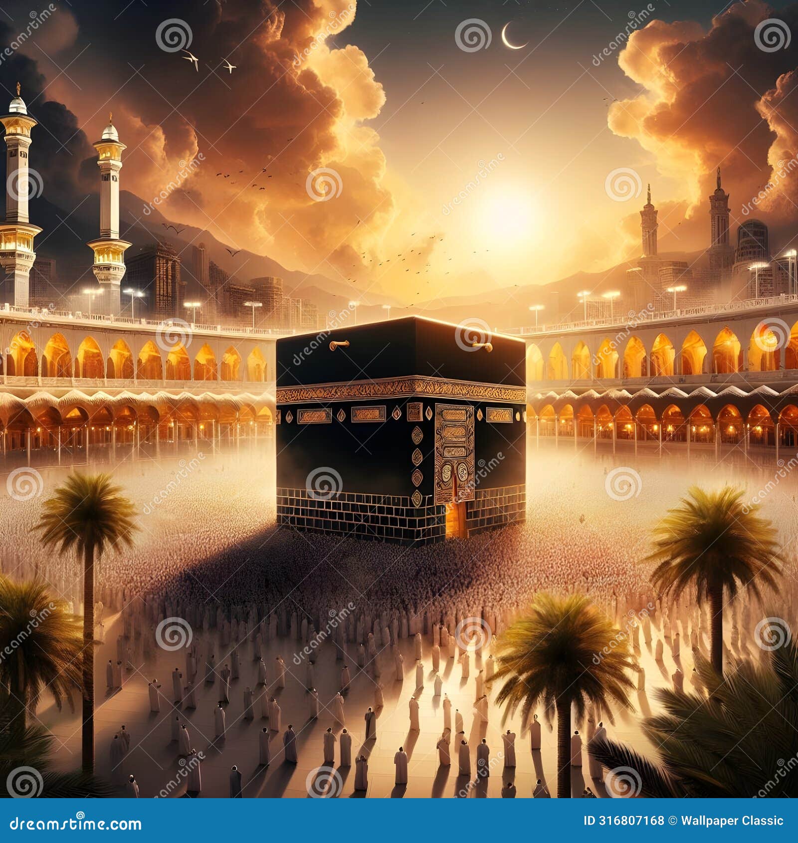 background painting sunset mosque alharam kabah mekkah eid aladha mubarak ai generator