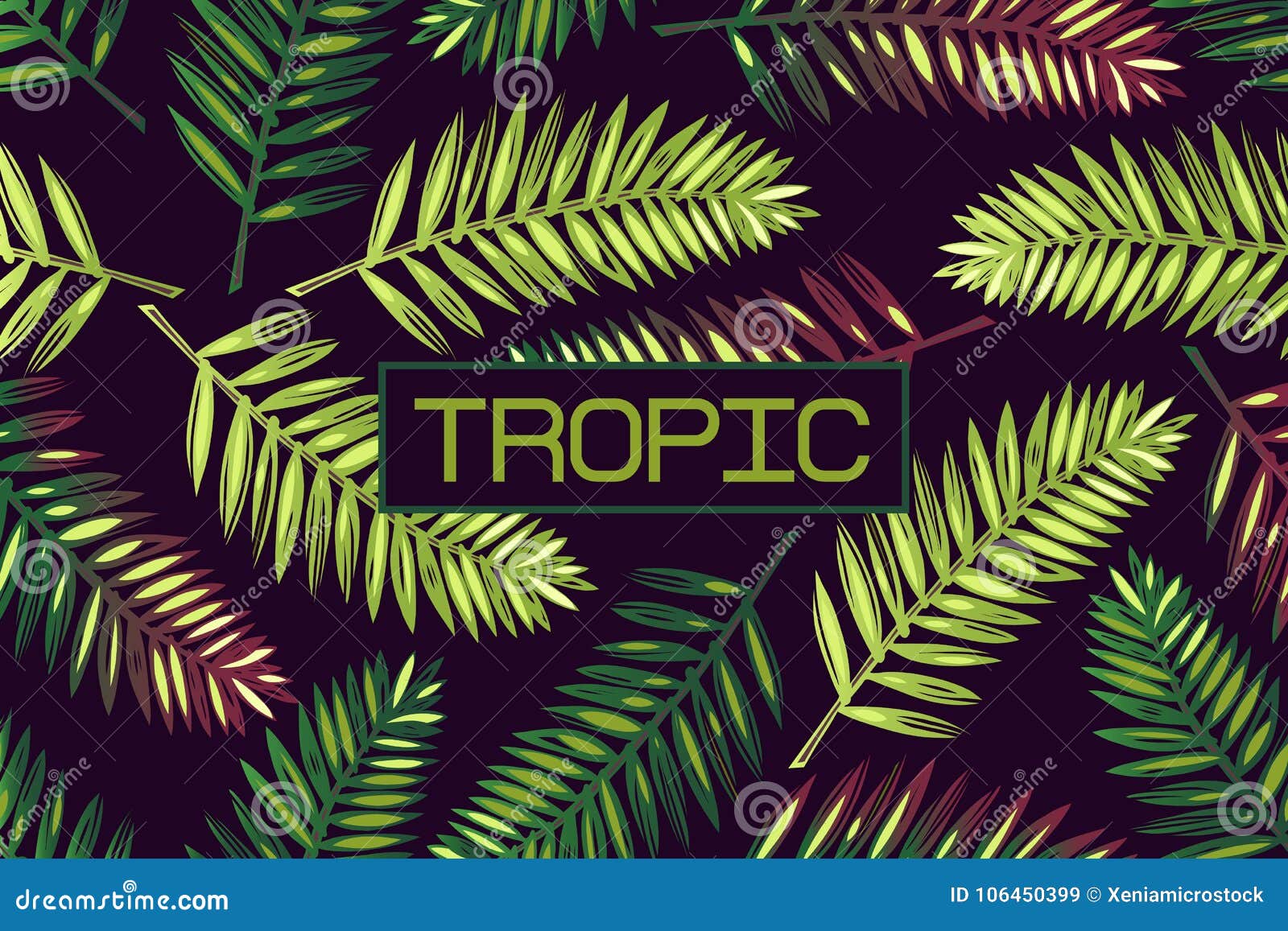 background with palm leaves and the word `tropic`. lettering tropics border exotics.